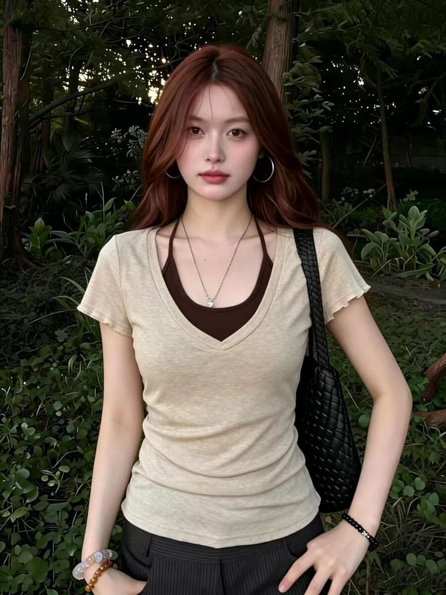 광저우 원단 눈꽃 면 삽입 색상 사람들 면 260 그램 한 부서 착용 가져 가라. 페이크 레이어드 V넥 반팔 여성 이미지 3