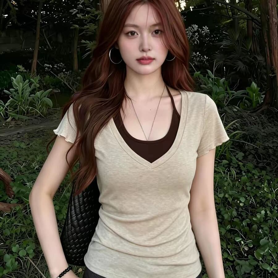 광저우 원단 눈꽃 면 삽입 색상 사람들 면 260 그램 한 부서 착용 가져 가라. 페이크 레이어드 V넥 반팔 여성 이미지 5