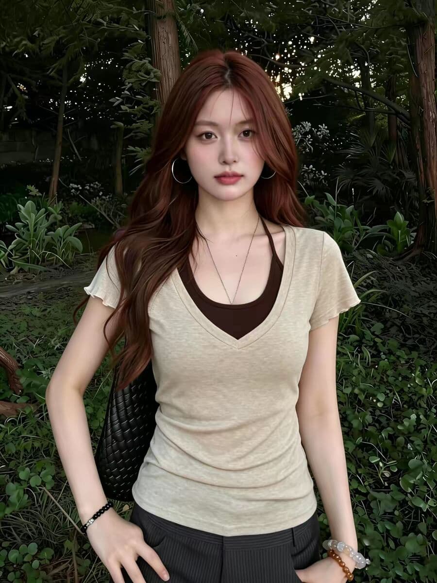 광저우 원단 눈꽃 면 삽입 색상 사람들 면 260 그램 한 부서 착용 가져 가라. 페이크 레이어드 V넥 반팔 여성 상세 이미지 2
