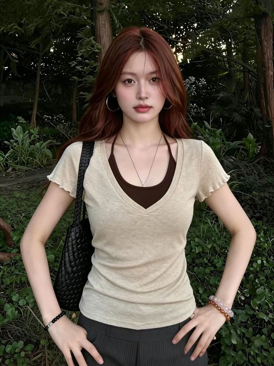 광저우 원단 눈꽃 면 삽입 색상 사람들 면 260 그램 한 부서 착용 가져 가라. 페이크 레이어드 V넥 반팔 여성 상세 이미지 4