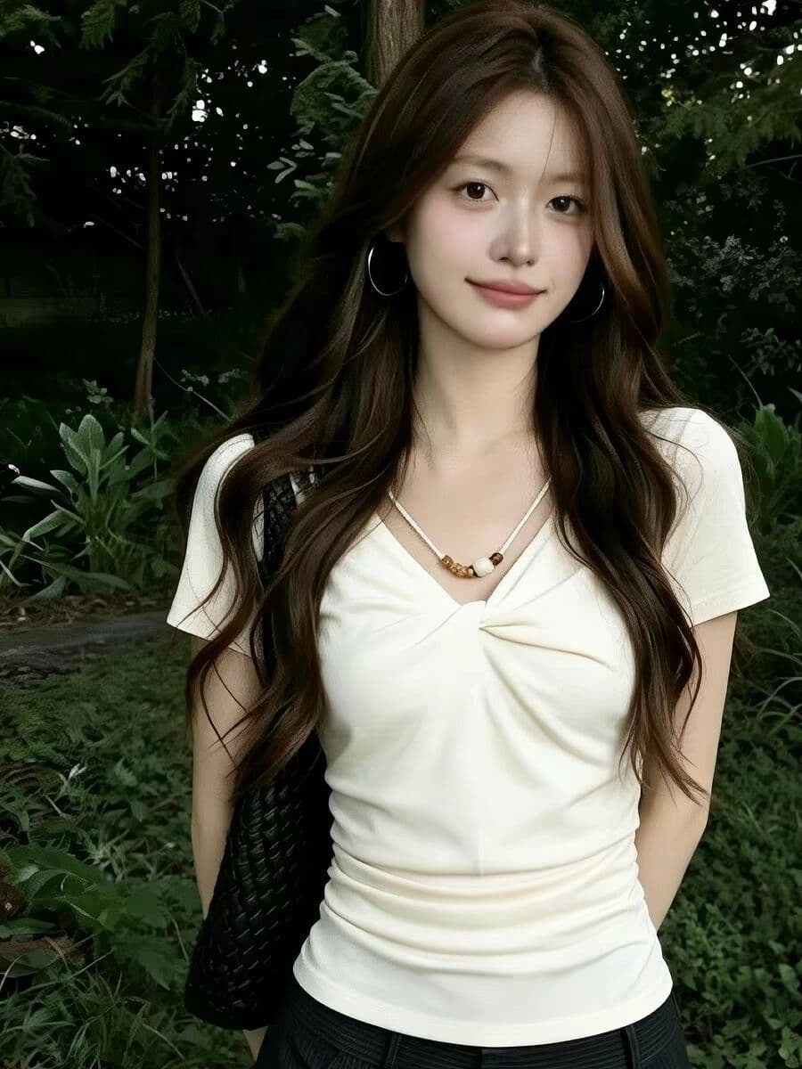 1 1 인 면 260 그램 한 부서 비즈 V넥 비틀림 디자인 센스 작은 대중 연령 감소 반팔 티셔츠 여성 상세 이미지 4