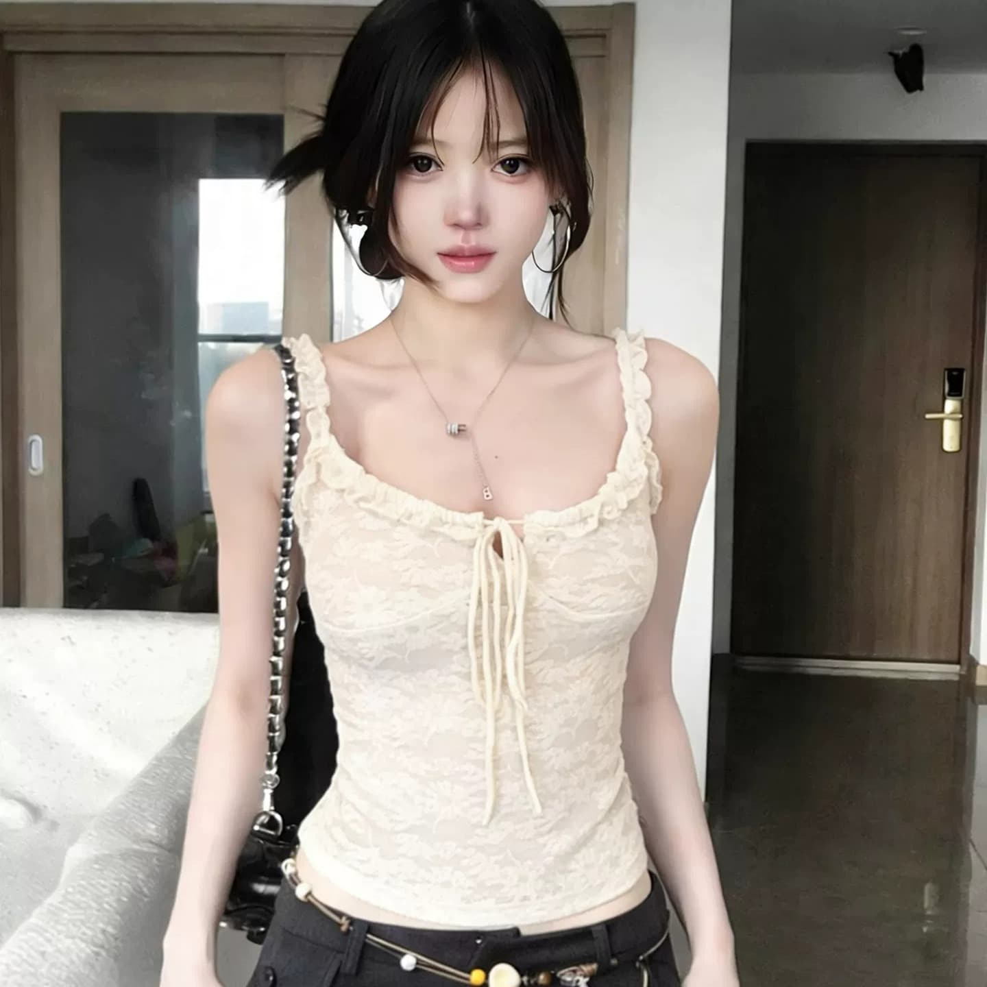 프릴 캐미솔 2026 여름 외출용 작은 대중 몸매 가꾸기 슬림해 보이는 맨위