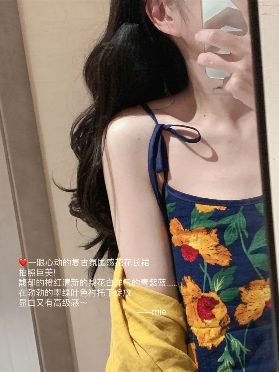 사면 신축 휴가 바람 슬립 여성 드레스 여름 프랑스식 차 휴식 꽃 루즈핏 슬림해 보이는 민소매 길다 치마 이미지 2