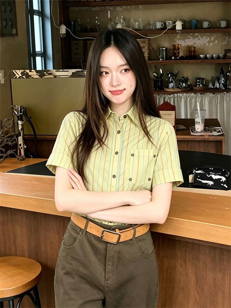 원본 1 1 품질 스트라이프 루즈핏 긍정적 인 어깨 반팔 셔츠 이미지 3
