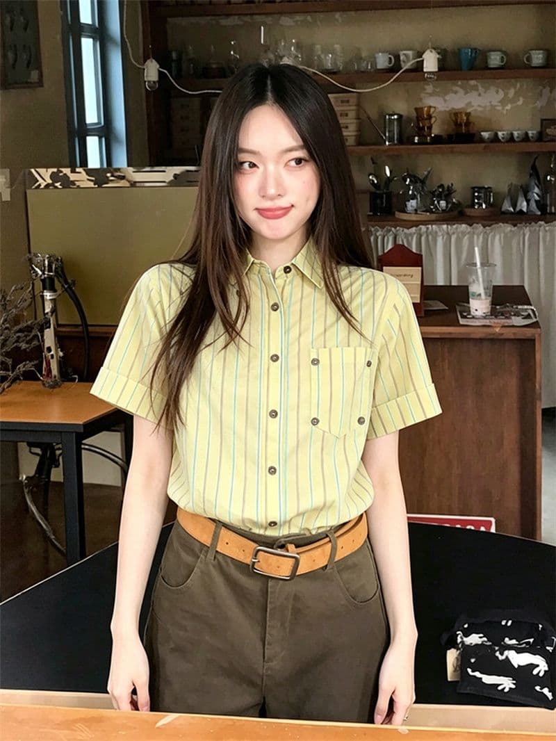 원본 1 1 품질 스트라이프 루즈핏 긍정적 인 어깨 반팔 셔츠 상세 이미지 5