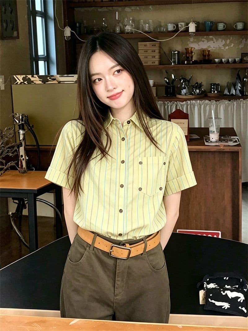 원본 1 1 품질 스트라이프 루즈핏 긍정적 인 어깨 반팔 셔츠 상세 이미지 6