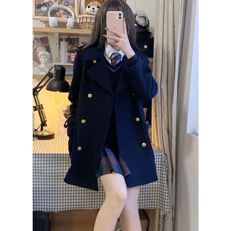있음 뜨거운 대 버튼 360 그램 일본식 학원 스타일 모직 여성 코트 jk 유니폼 이중 버튼 코트 이미지 5