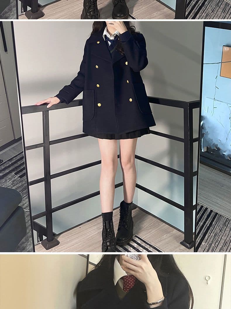 있음 뜨거운 대 버튼 360 그램 일본식 학원 스타일 모직 여성 코트 jk 유니폼 이중 버튼 코트 상세 이미지 4