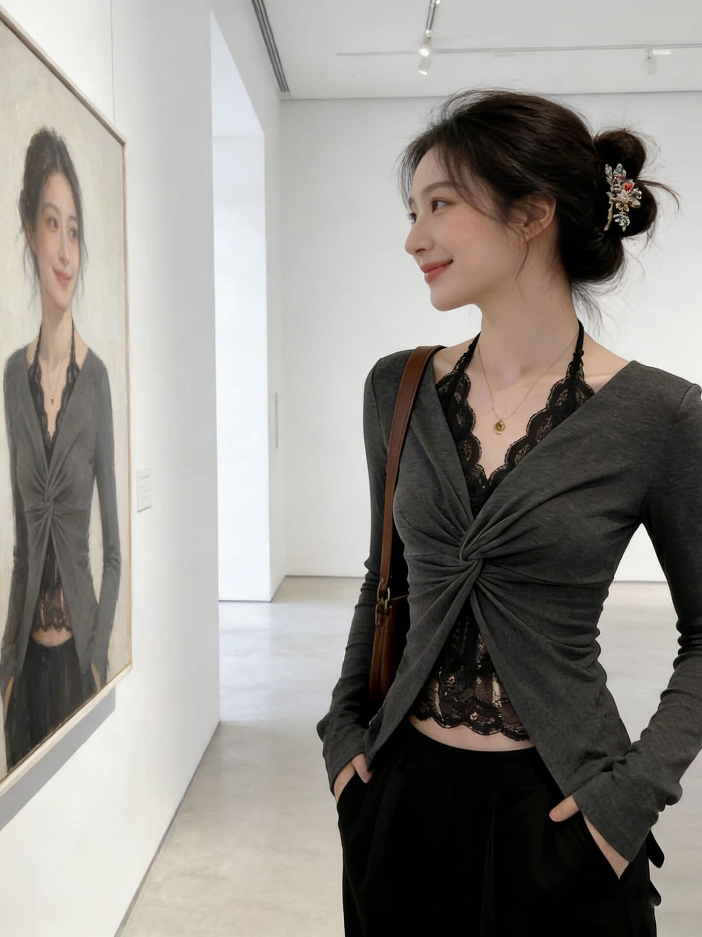 원본 레이스 솜씨 광저우 원단 사람들 면 260 그램 순수한 욕망 레이스 페이크 레이어드 긴팔 이미지 2