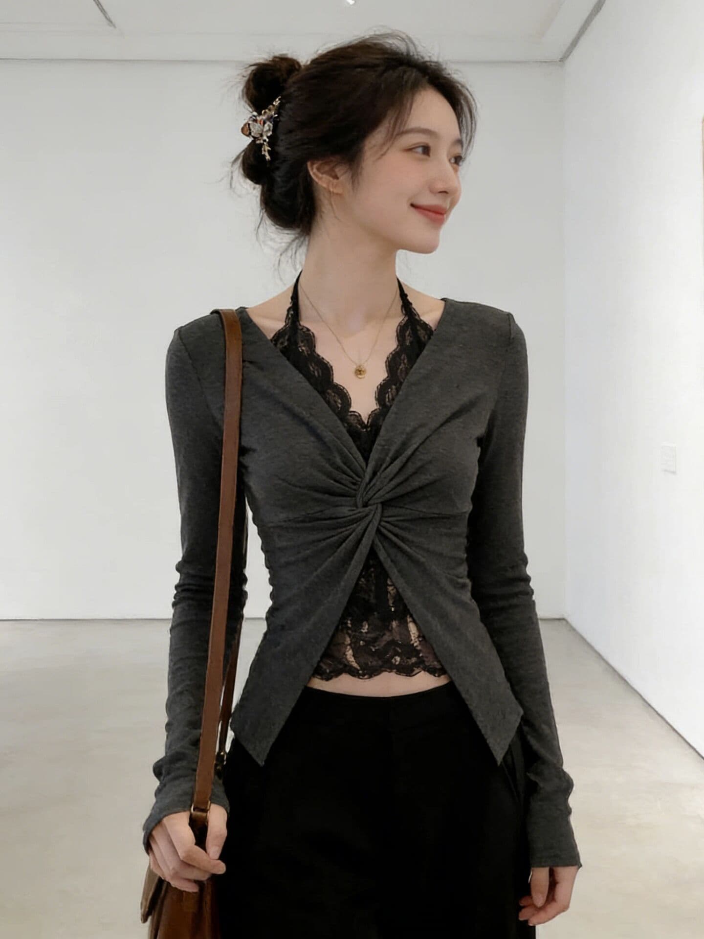 원본 레이스 솜씨 광저우 원단 사람들 면 260 그램 순수한 욕망 레이스 페이크 레이어드 긴팔 이미지 3