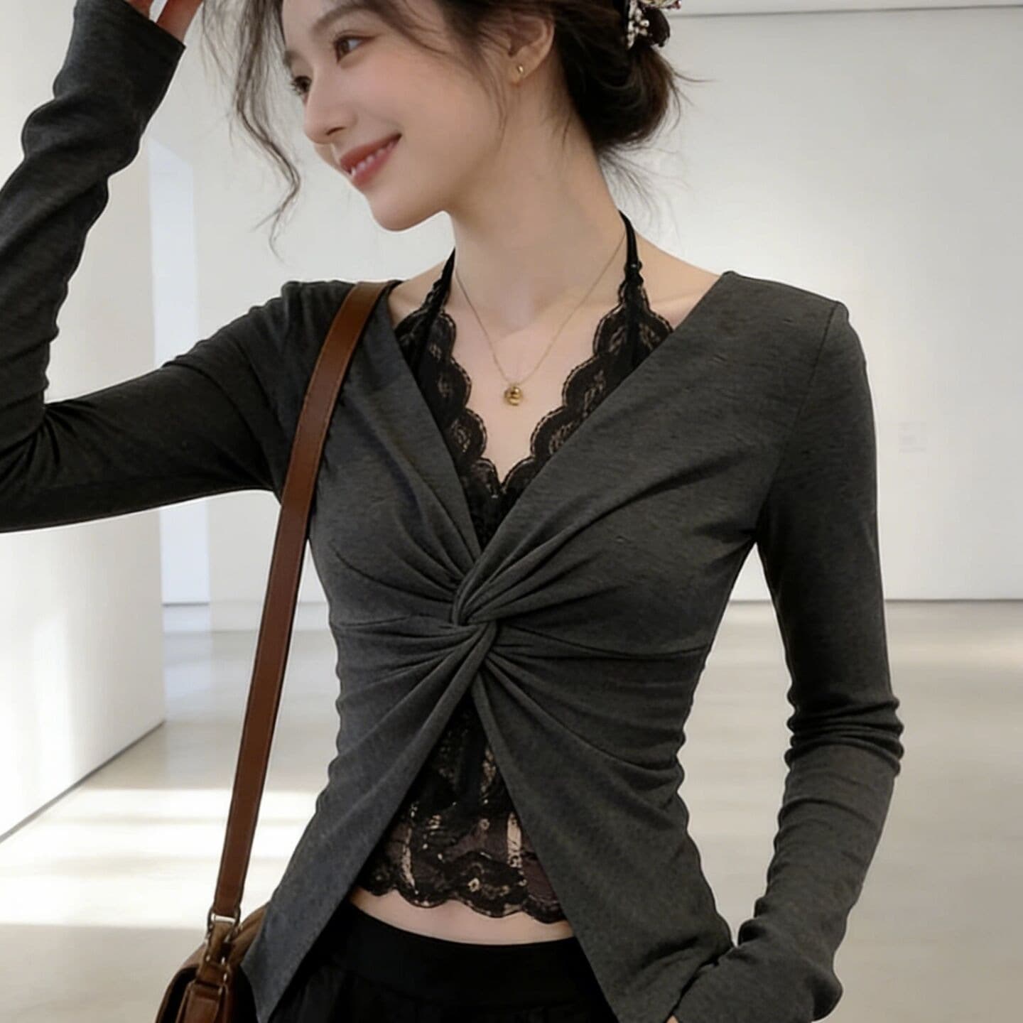 원본 레이스 솜씨 광저우 원단 사람들 면 260 그램 순수한 욕망 레이스 페이크 레이어드 긴팔 이미지 5