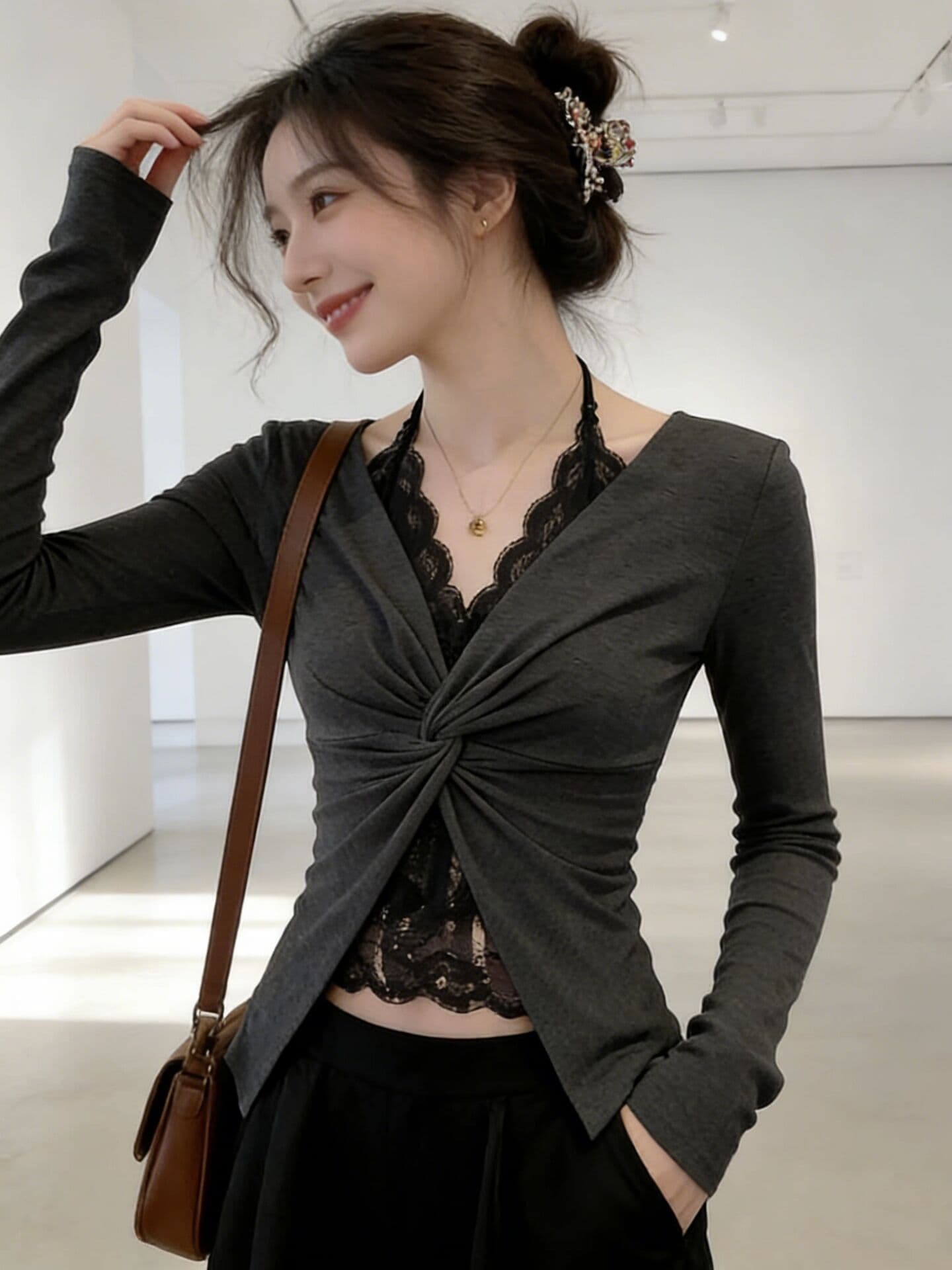 원본 레이스 솜씨 광저우 원단 사람들 면 260 그램 순수한 욕망 레이스 페이크 레이어드 긴팔 상세 이미지 4
