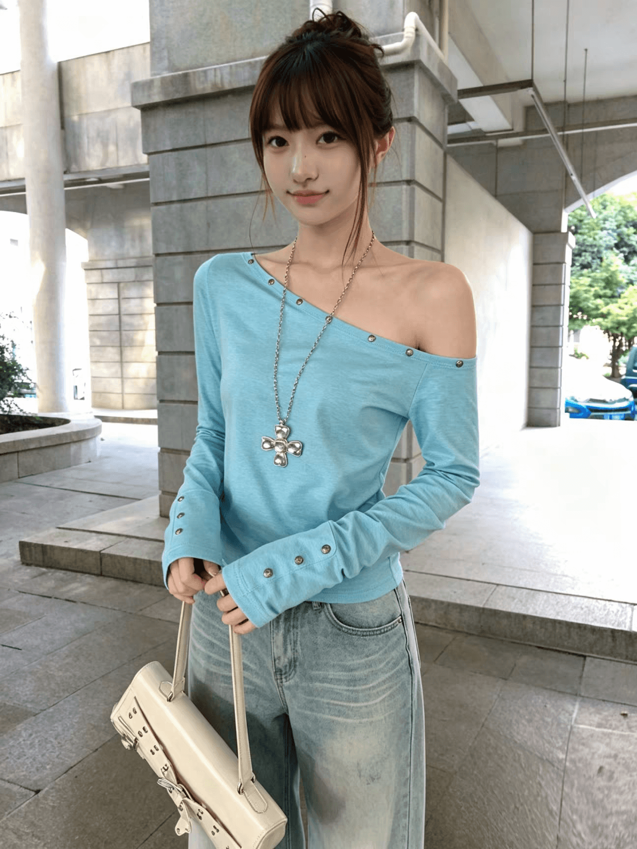 광저우 원단 컬러 코튼 당겨 프레임 원본 징 한 부서 디자인 센스 징 비스듬한 어깨 긴팔 여성 이미지 4