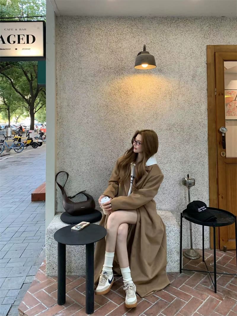 실사 정가 느긋한 레트로 디자인 센스 두꺼운 양모 모직 코트 재킷 상세 이미지 2