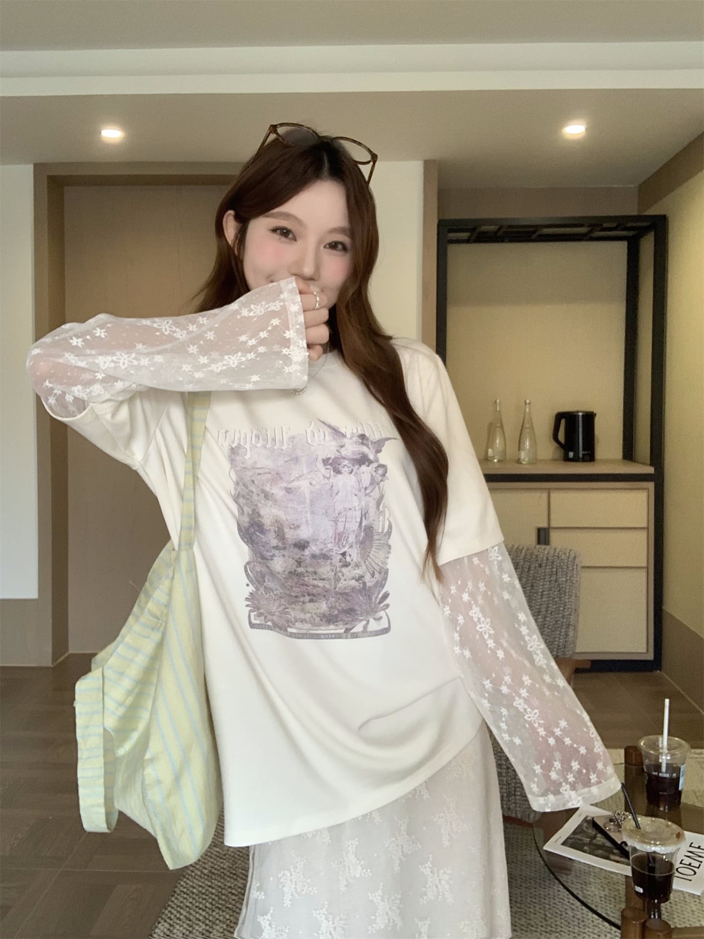 실사 정가 달콤한 차가운 레트로 페이크 레이어드 레이스 조각 디자인 센스 맨위 레이스 한 마디 반신 치마 세트 상세 이미지 10