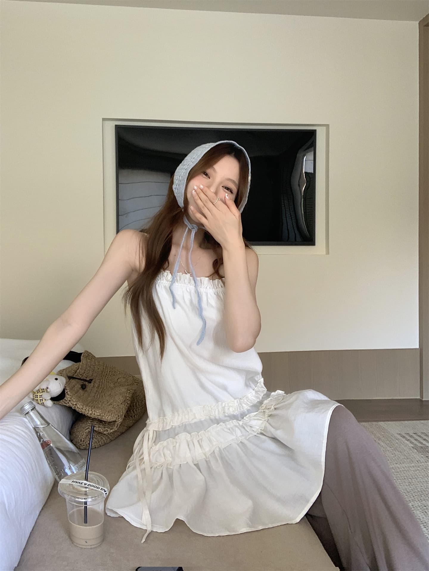 달콤함 얇은 스타일 홀로우 아웃 니트 오픈 가디건 프릴 한 마디 슬립 드레스 도루 센스 와이드 레그 팬츠 세트 상세 이미지 7