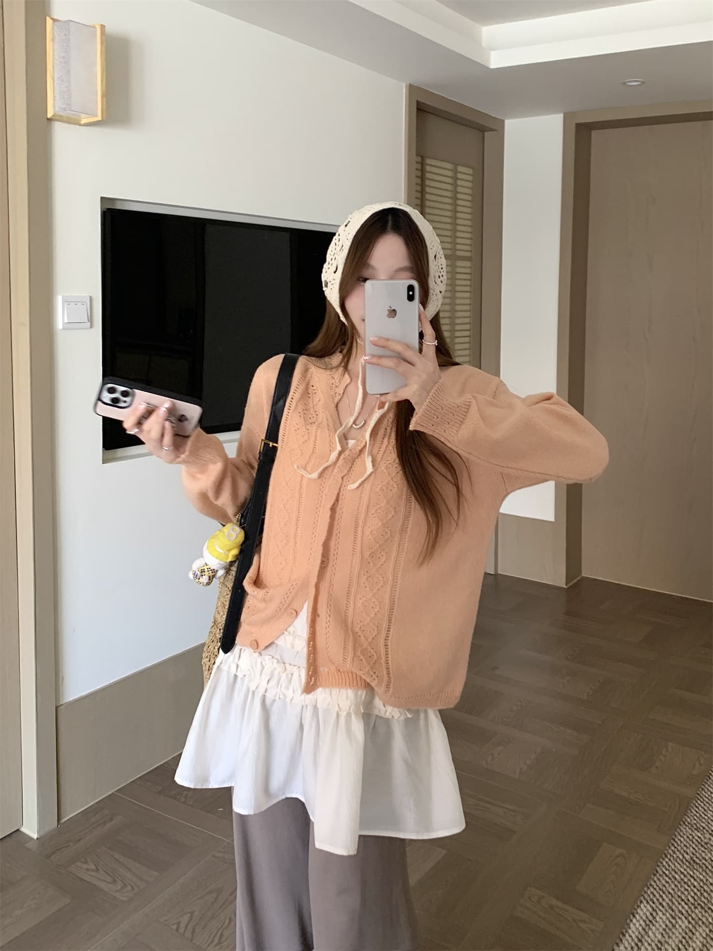 달콤함 얇은 스타일 홀로우 아웃 니트 오픈 가디건 프릴 한 마디 슬립 드레스 도루 센스 와이드 레그 팬츠 세트 상세 이미지 15