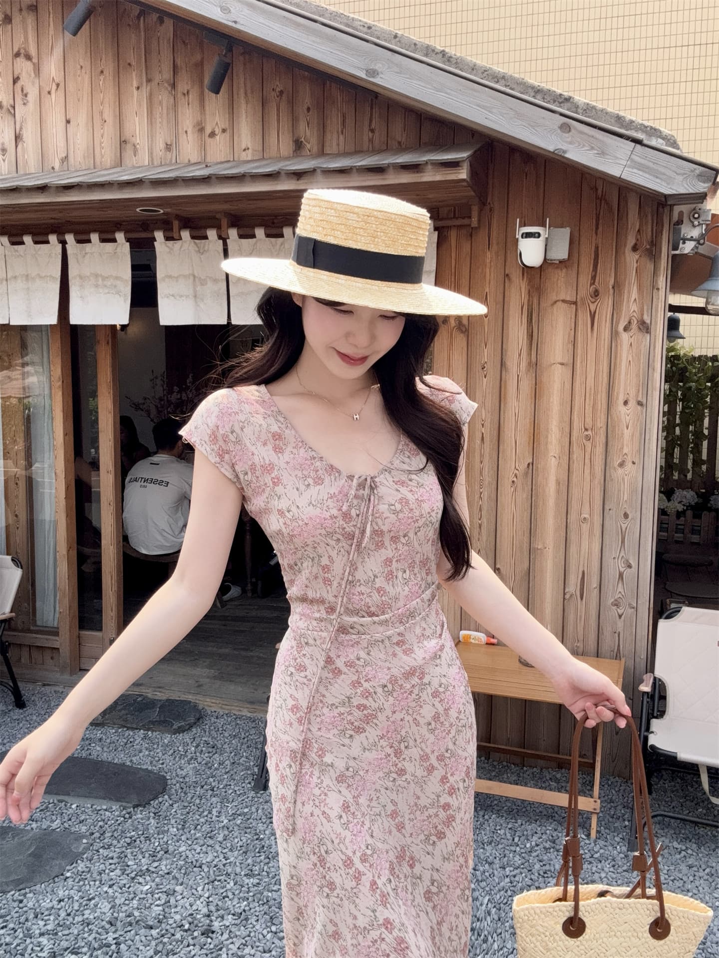 실사 정가 프랑스식 레트로 작은 꽃무늬 디자인 센스 허리 수축 레이스업 드레스
