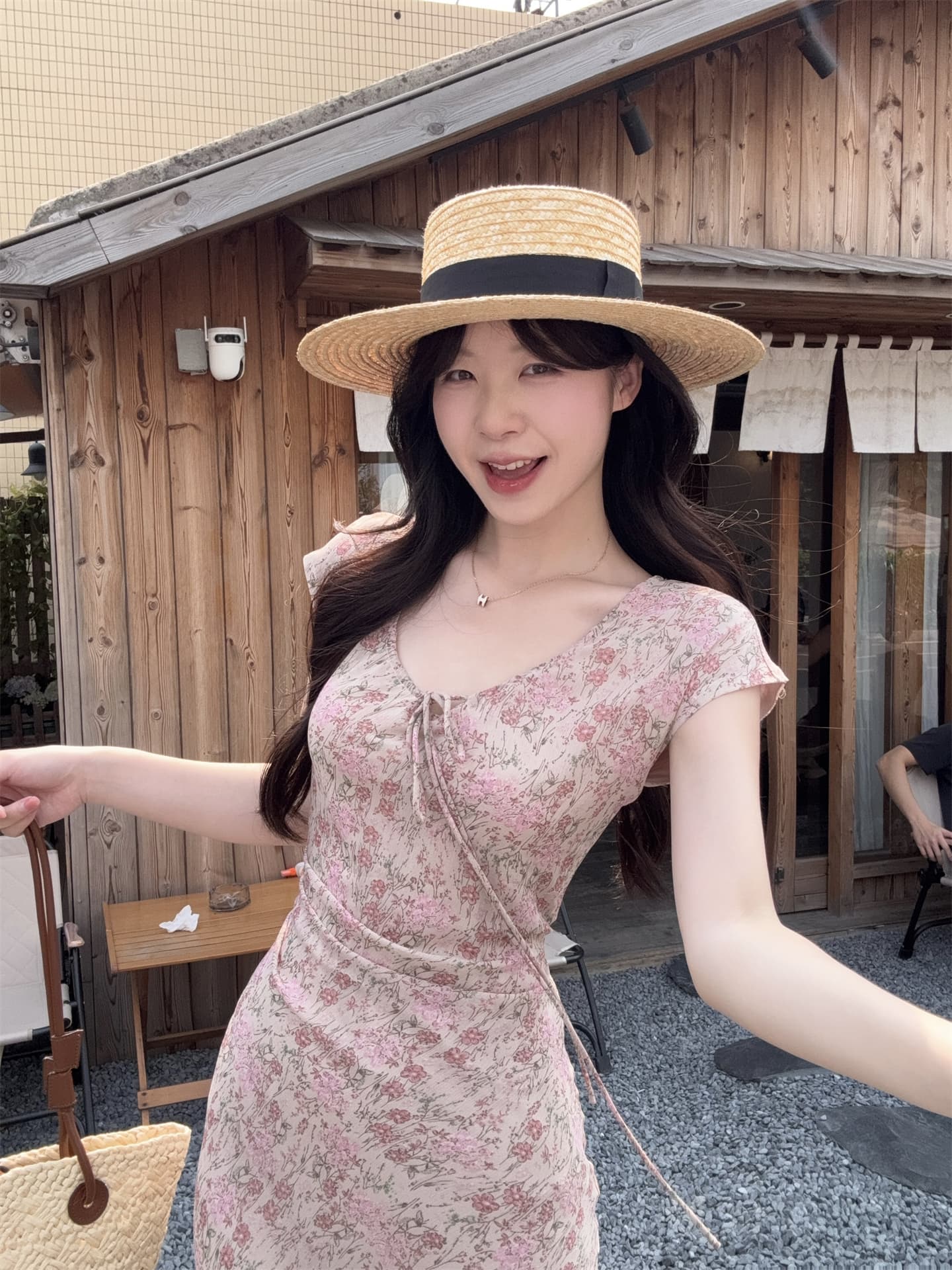 실사 정가 프랑스식 레트로 작은 꽃무늬 디자인 센스 허리 수축 레이스업 드레스 상세 이미지 6