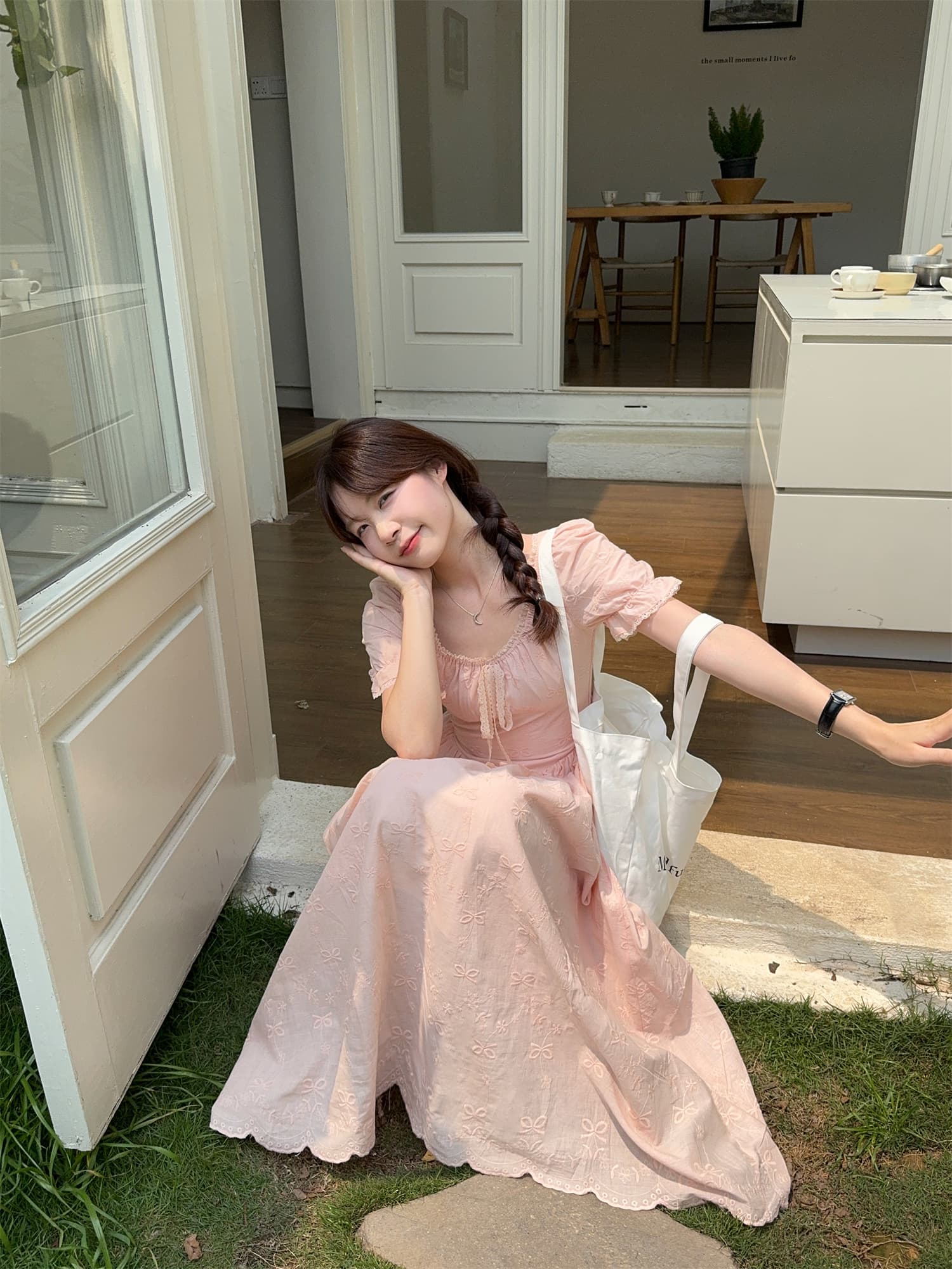 실사 정가 달콤함 부드러운 바람 거품 소매 자수 자카드 레이스 레이스 복숭아 분말 드레스 상세 이미지 7