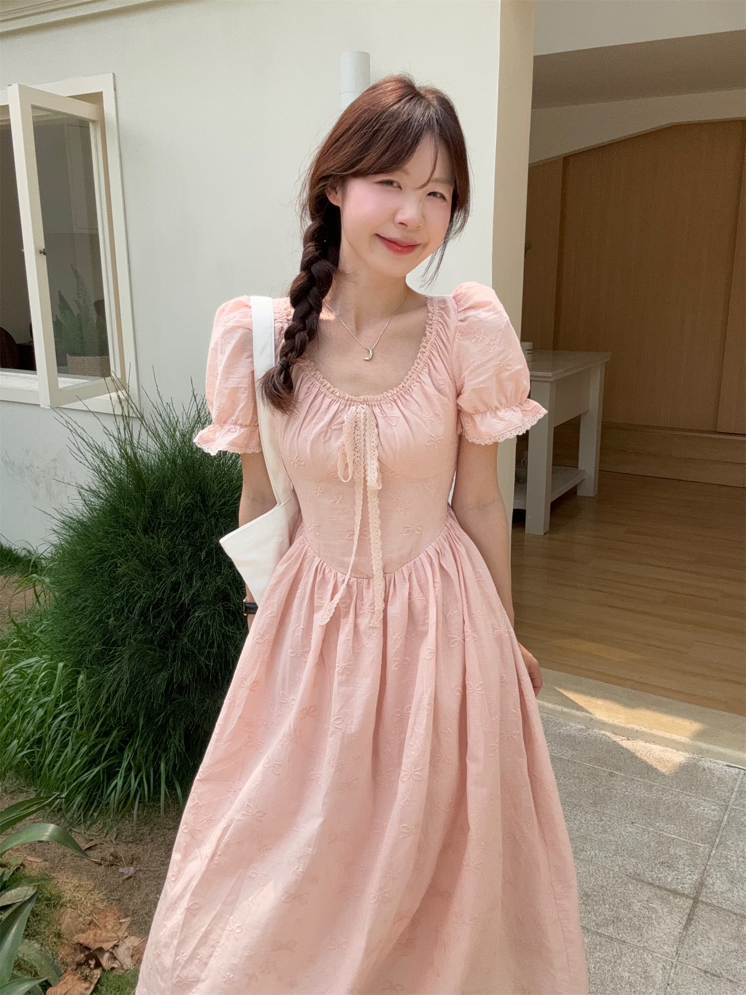 실사 정가 달콤함 부드러운 바람 거품 소매 자수 자카드 레이스 레이스 복숭아 분말 드레스 상세 이미지 12