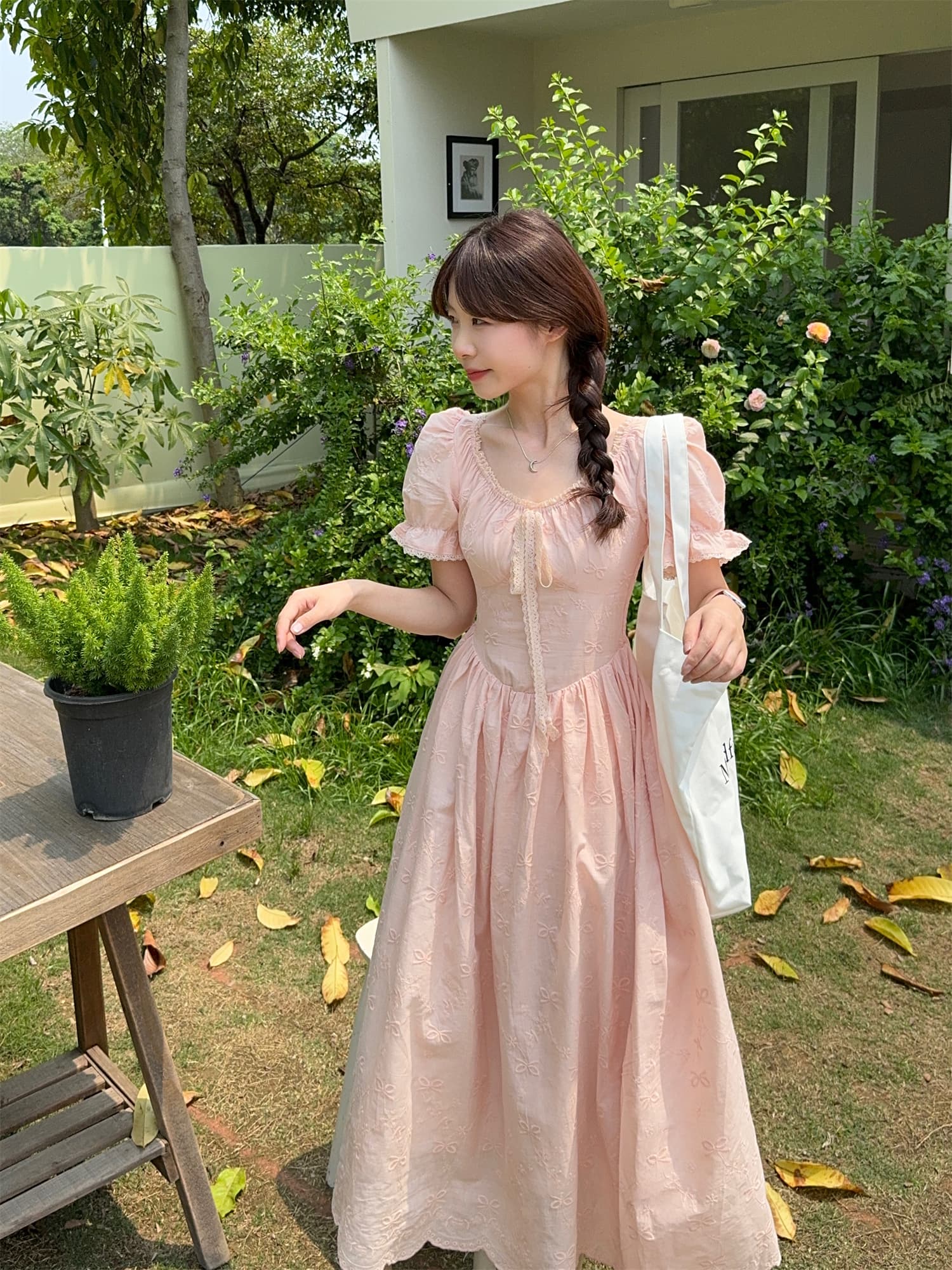 실사 정가 달콤함 부드러운 바람 거품 소매 자수 자카드 레이스 레이스 복숭아 분말 드레스 상세 이미지 19