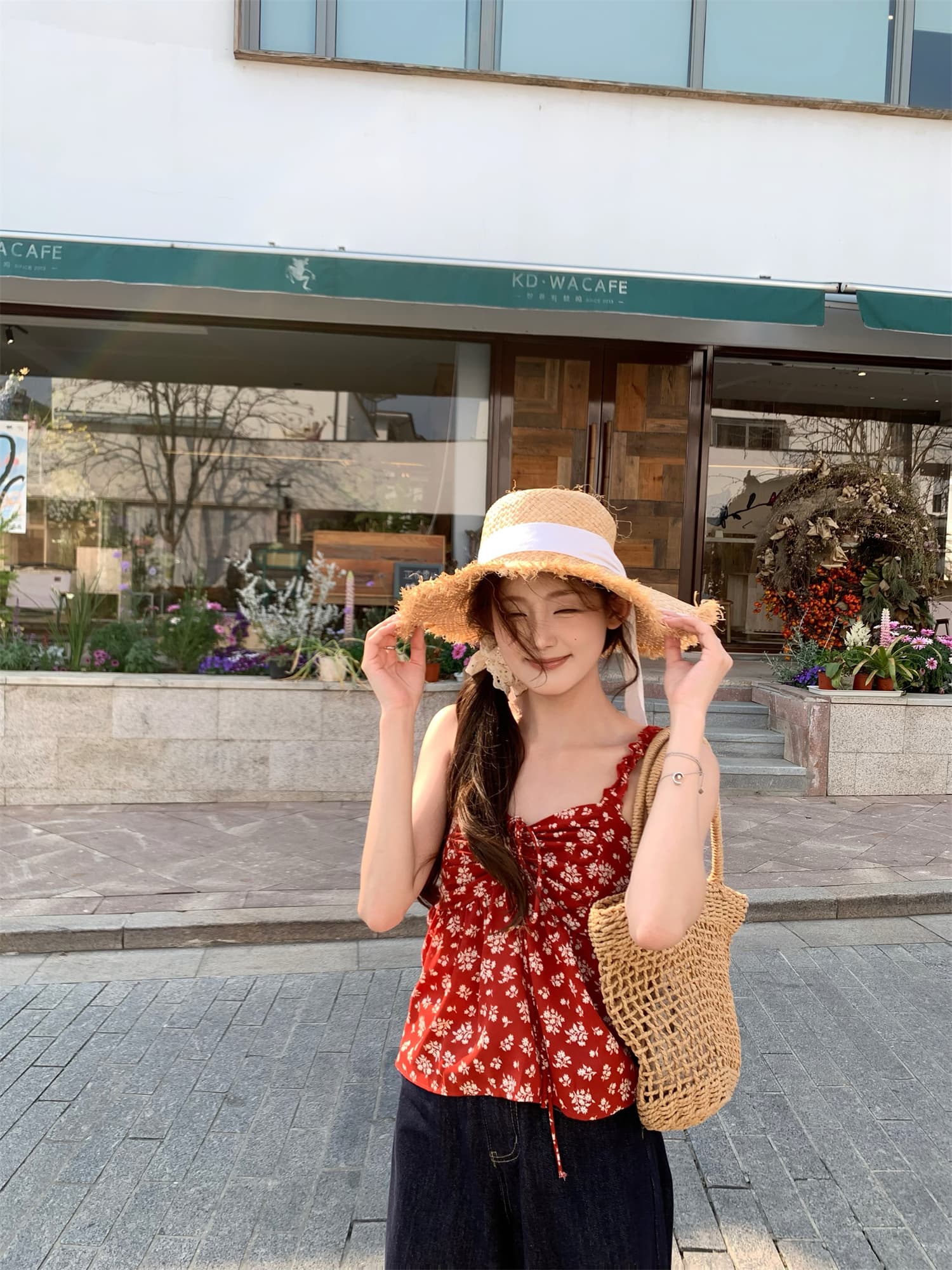 실사 정가 달콤함 작은 꽃무늬 슬립 펌프 로프 민소매 조끼 맨위