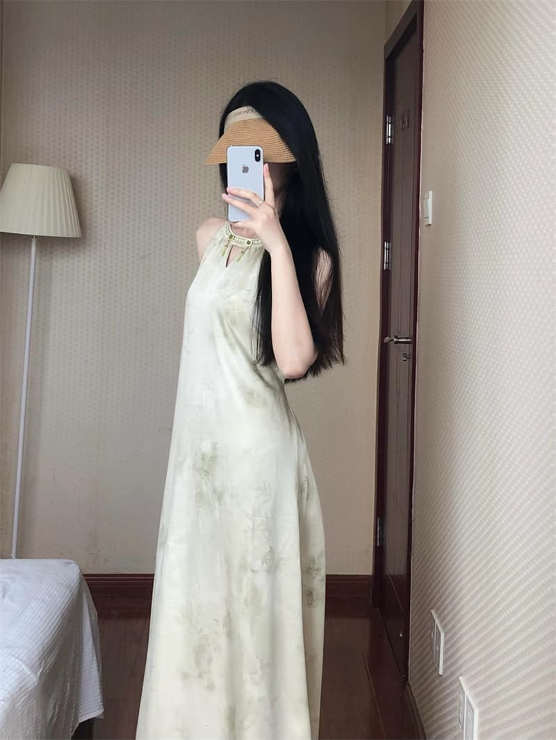 실사 정가 레트로 휴가 바람 디자인 센스 행침 목 헤일로 염색 수묵화 민소매 드레스 이미지 2