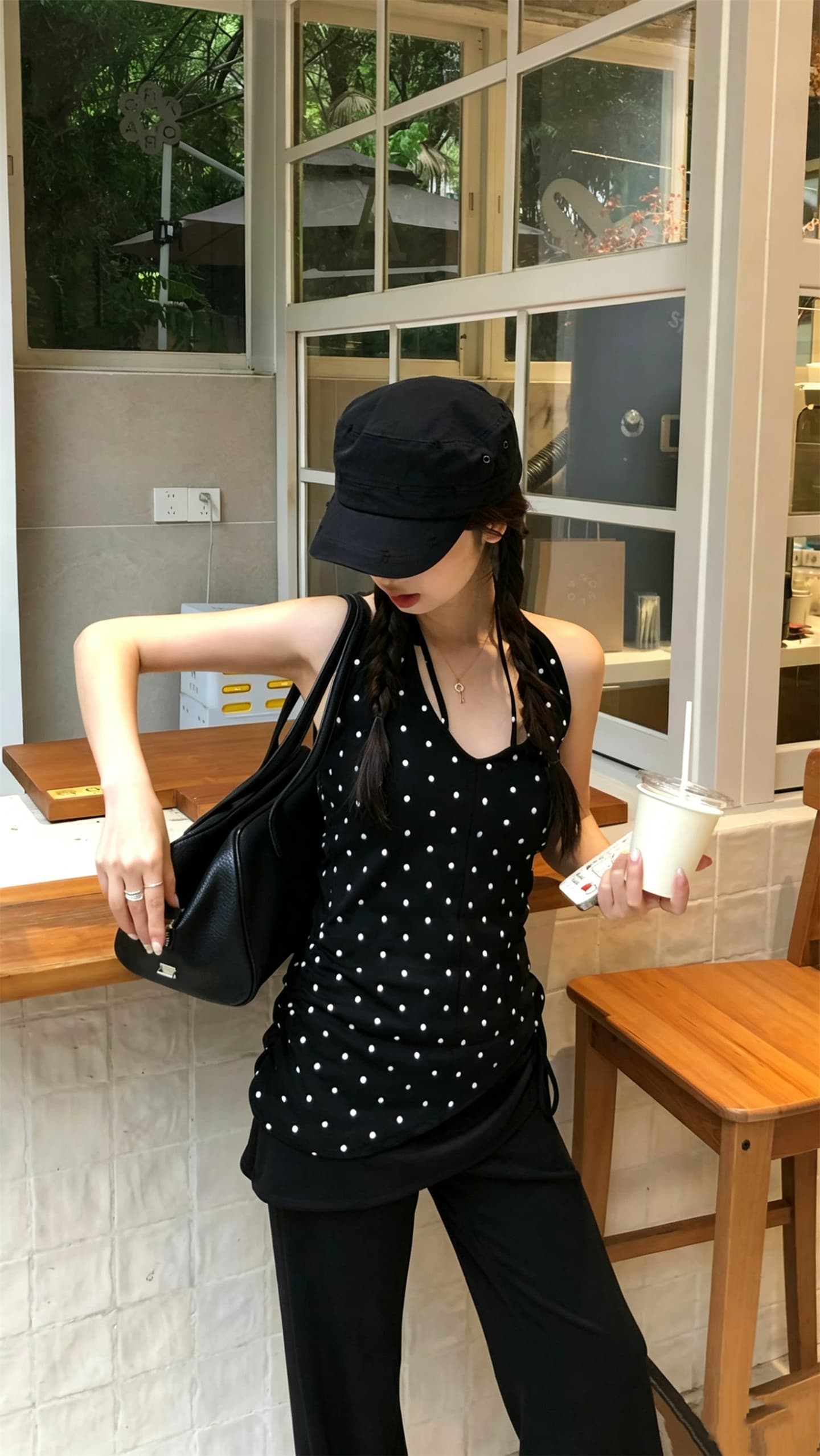 실사 정가 달콤한 차가운 핫걸 행침 목 V넥 백리스 도트 무늬 조끼 하이웨이스트 마이크로 나팔 슬림해 보이는 긴 바지 상세 이미지 2
