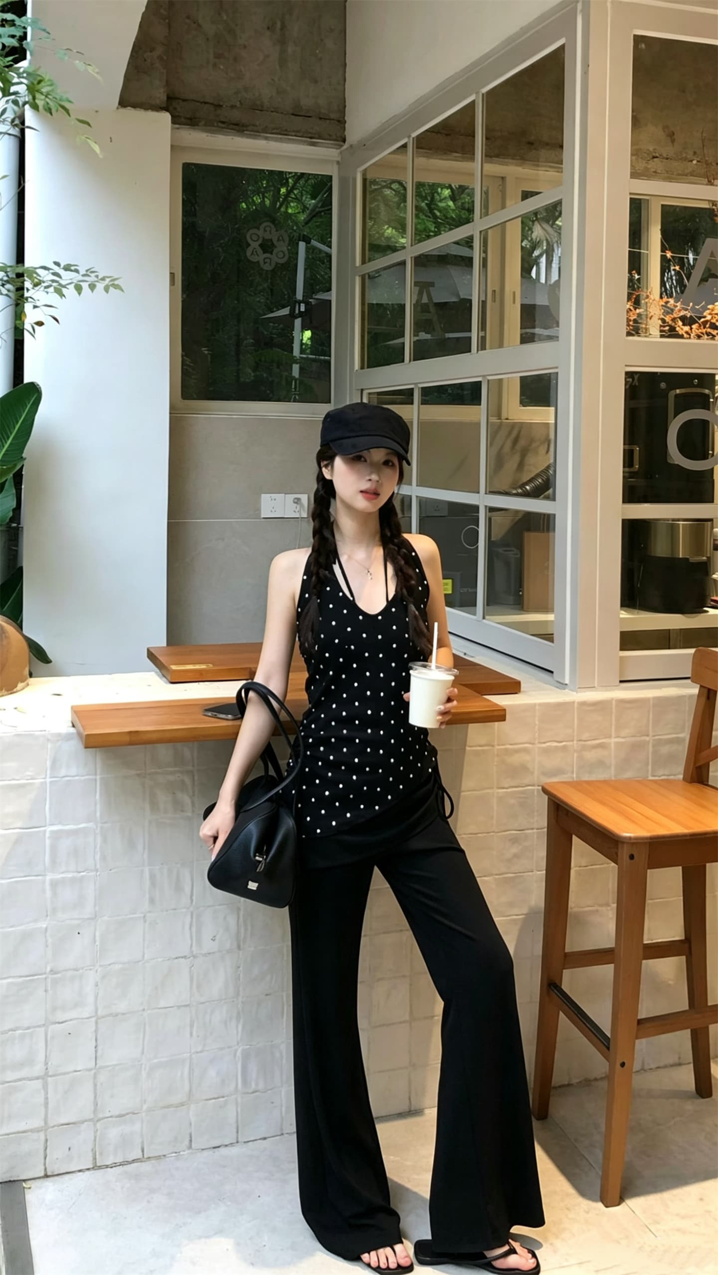 실사 정가 달콤한 차가운 핫걸 행침 목 V넥 백리스 도트 무늬 조끼 하이웨이스트 마이크로 나팔 슬림해 보이는 긴 바지 상세 이미지 5