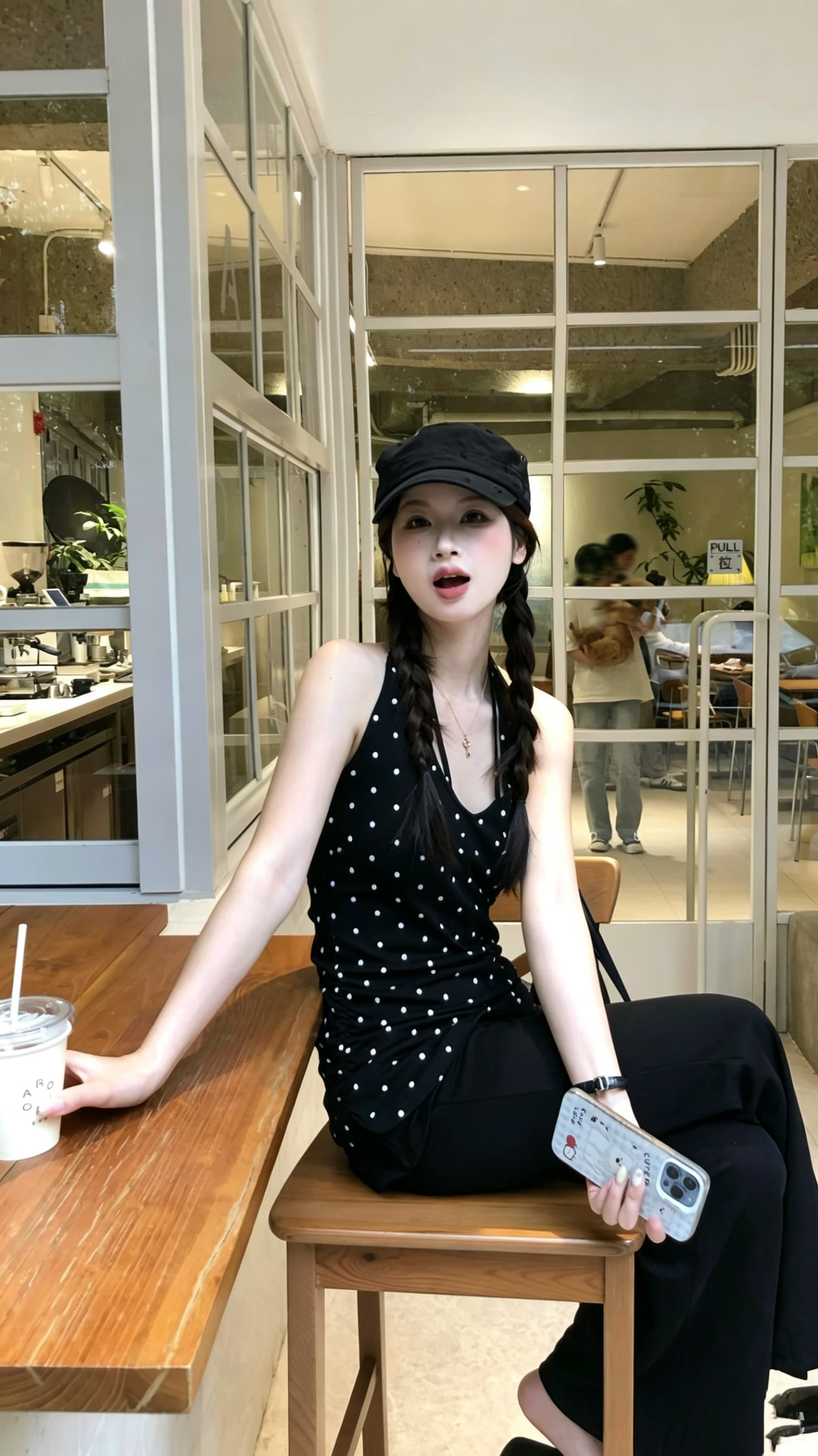 실사 정가 달콤한 차가운 핫걸 행침 목 V넥 백리스 도트 무늬 조끼 하이웨이스트 마이크로 나팔 슬림해 보이는 긴 바지 이미지 3