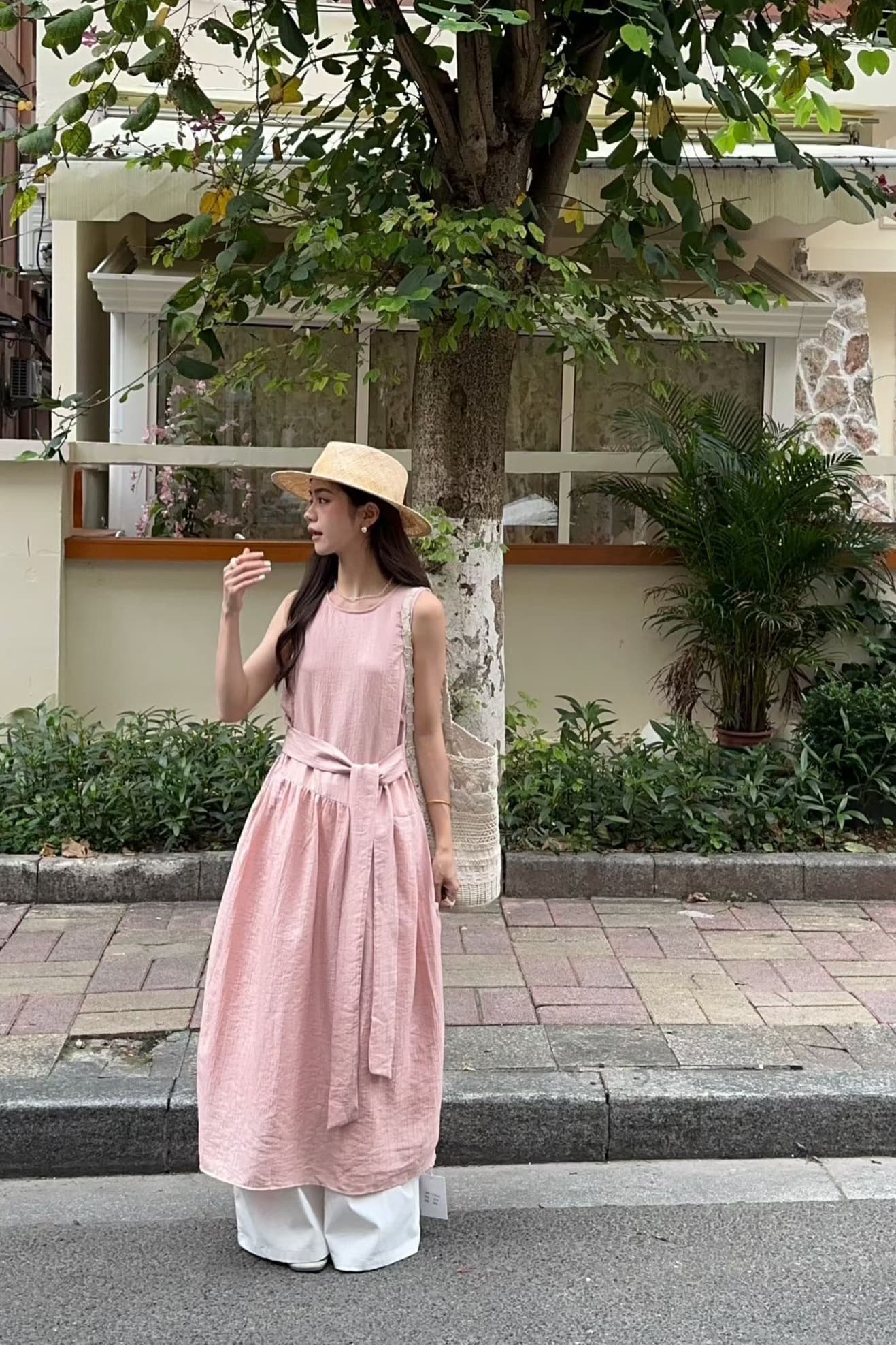 실사 정가 품격 부드러운 바람 달콤함 디자인 센스 측면 허리 레이스업 민소매 라운드 넥 조끼 원피스 이미지 5
