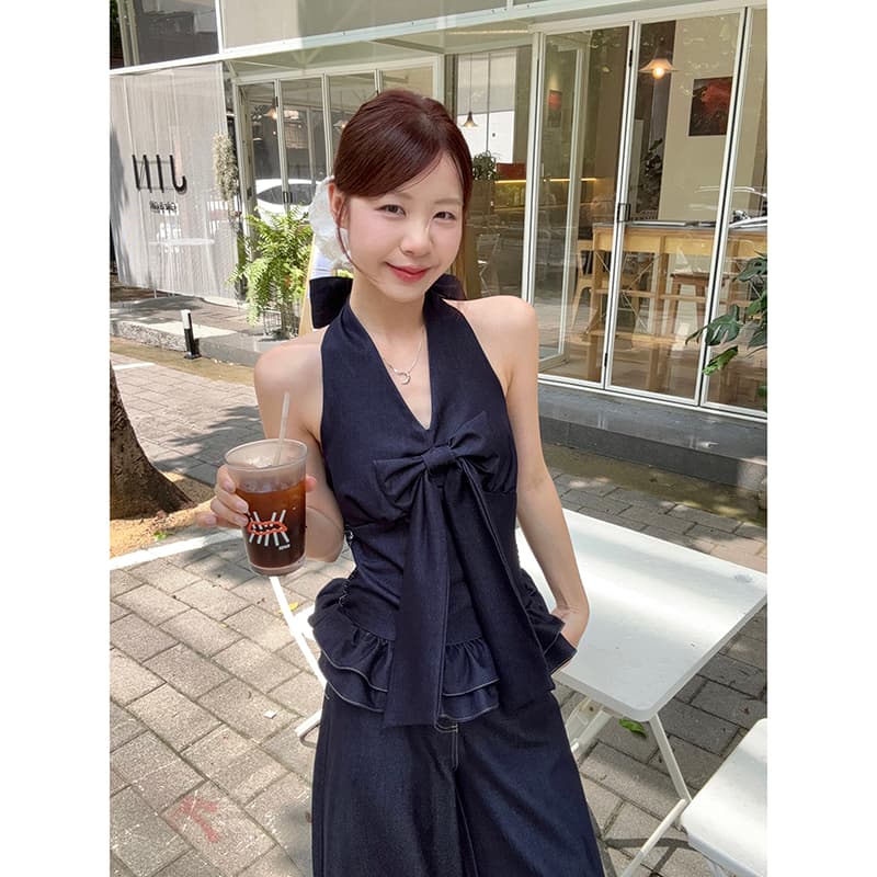 실사 정가 순수한 욕망 달콤한 핫걸 행침 목 나비 매듭 얇은 데님 조끼 데님 와이드 레그 팬츠 투피스 슈트 이미지 5
