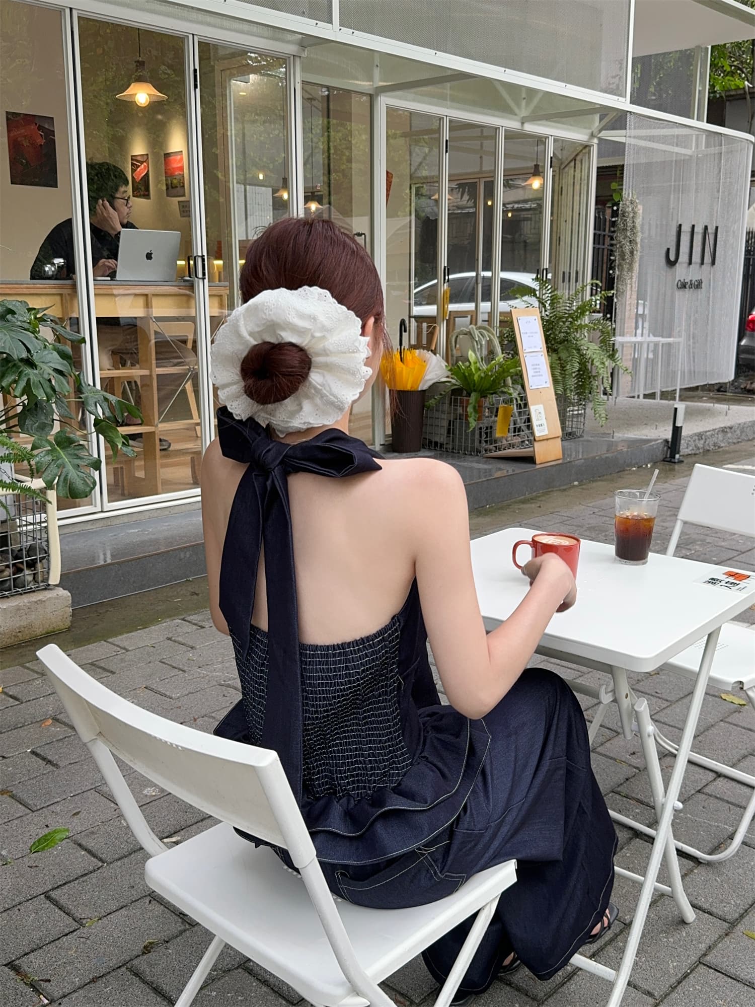 실사 정가 순수한 욕망 달콤한 핫걸 행침 목 나비 매듭 얇은 데님 조끼 데님 와이드 레그 팬츠 투피스 슈트 상세 이미지 8