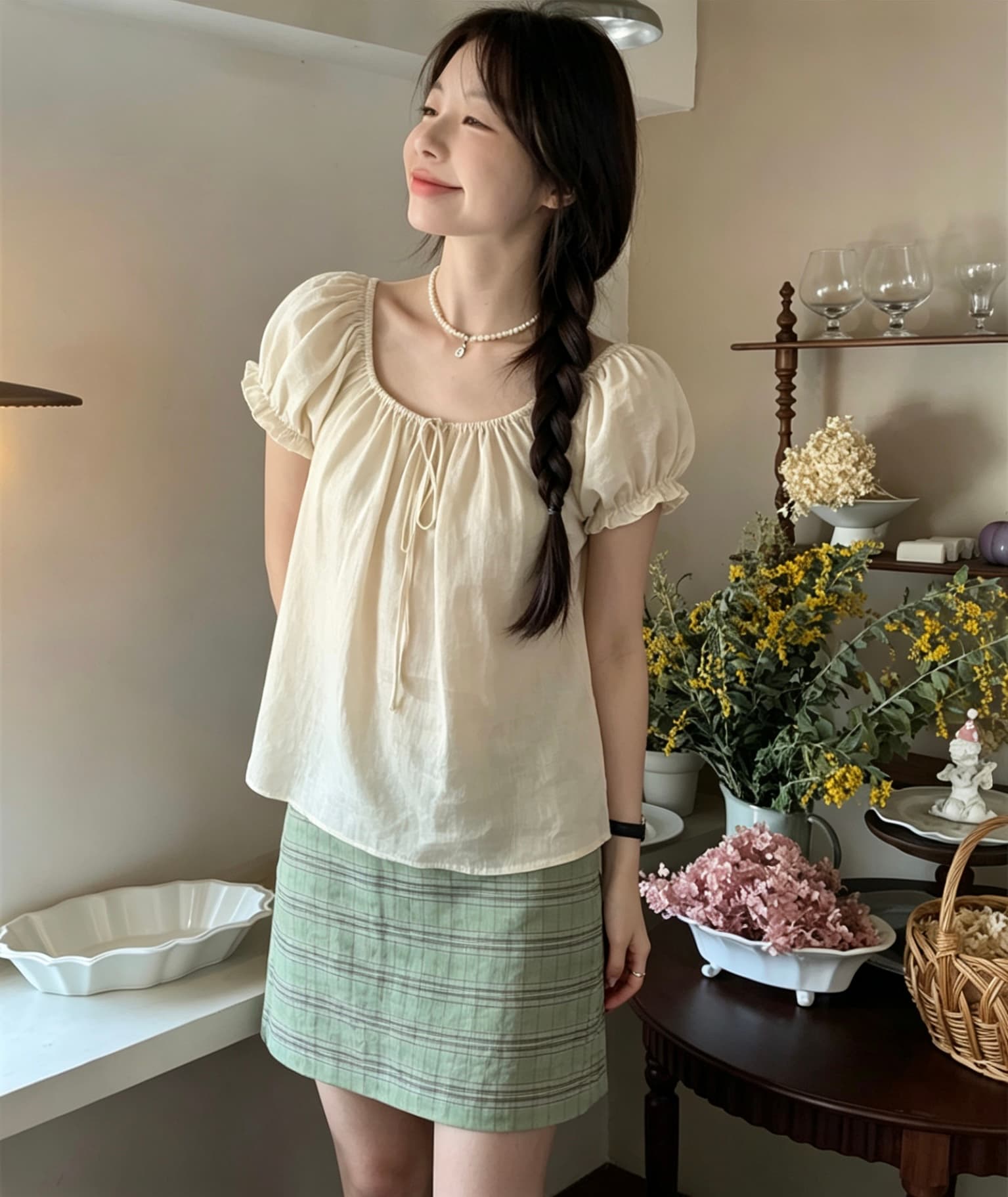 실사 정가 부드러운 바람 디자인 센스 광장 칼라 거품 소매 반팔 셔츠