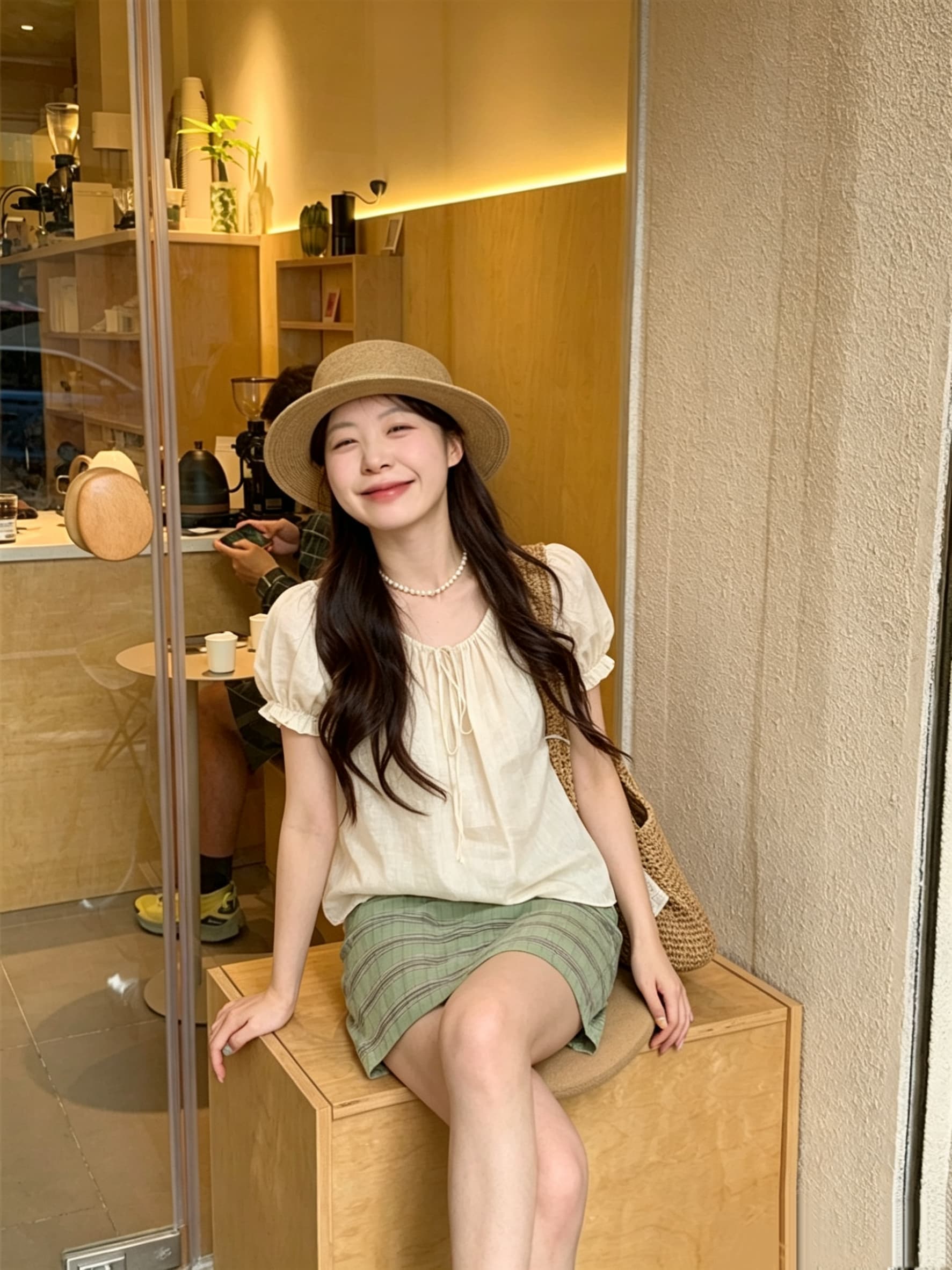 실사 정가 부드러운 바람 디자인 센스 광장 칼라 거품 소매 반팔 셔츠 이미지 3