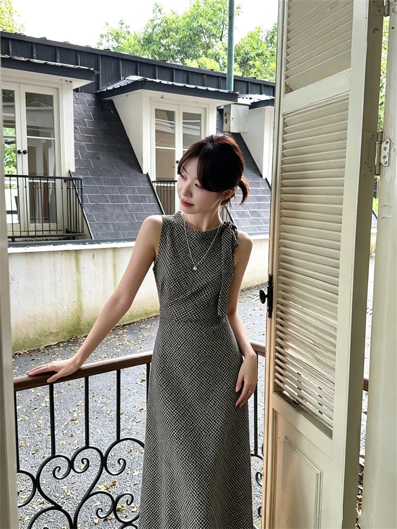 실사 정가 프랑스식 레트로 작은 대중 디자인 센스 기하학 무늬 인어 꼬리 허리 수축 리본 민소매 조끼 원피스 상세 이미지 5