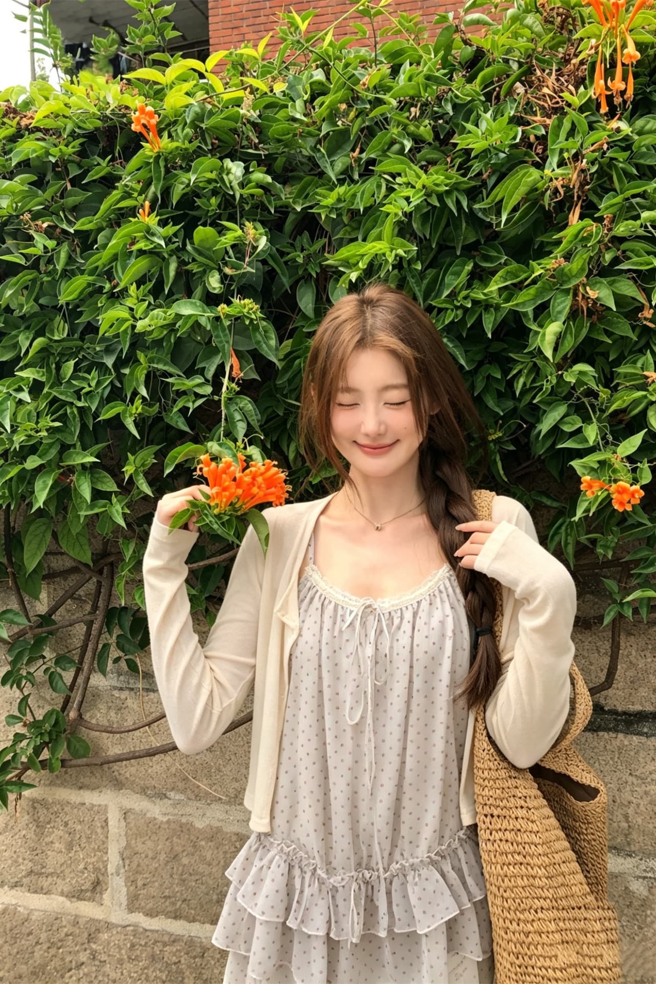 실사 정가 얇은 스타일 자외선 차단 니트 오픈 가디건 조기 고대 도트 무늬 프릴 캐미솔 투피스 슈트 이미지 5