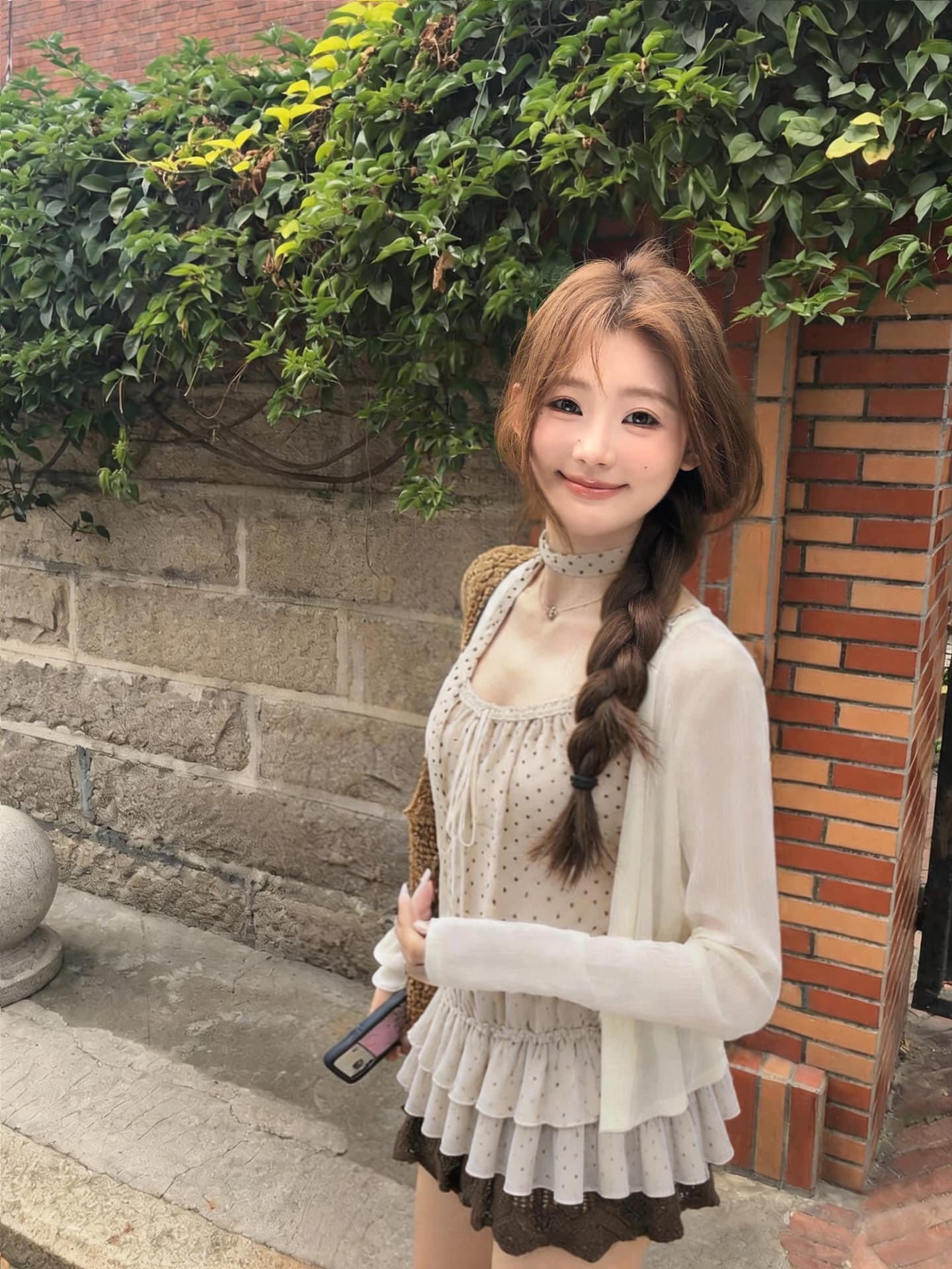 실사 정가 얇은 스타일 자외선 차단 니트 오픈 가디건 조기 고대 도트 무늬 프릴 캐미솔 투피스 슈트 상세 이미지 2