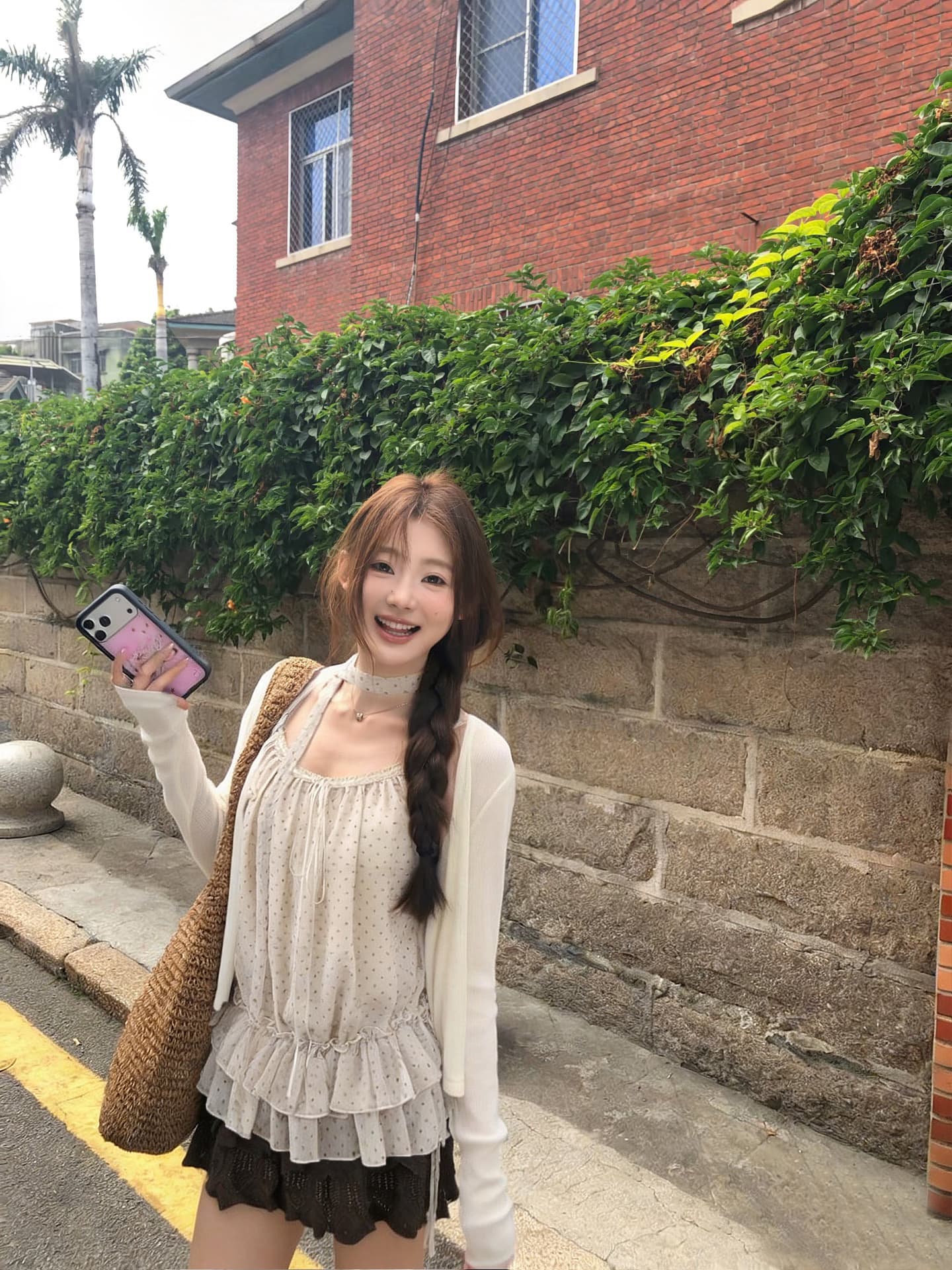 실사 정가 얇은 스타일 자외선 차단 니트 오픈 가디건 조기 고대 도트 무늬 프릴 캐미솔 투피스 슈트 상세 이미지 3