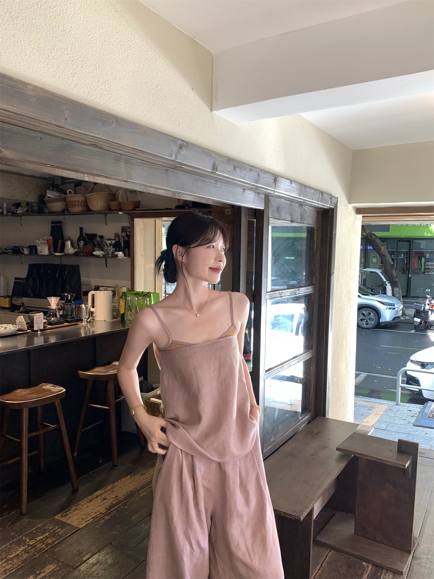 실사 정가 프랑스식 여름 섹션 디자인 센스 페이크 레이어드 백리스 캐미솔 도루 센스 바닥 청소 긴 바지 세트 상세 이미지 5