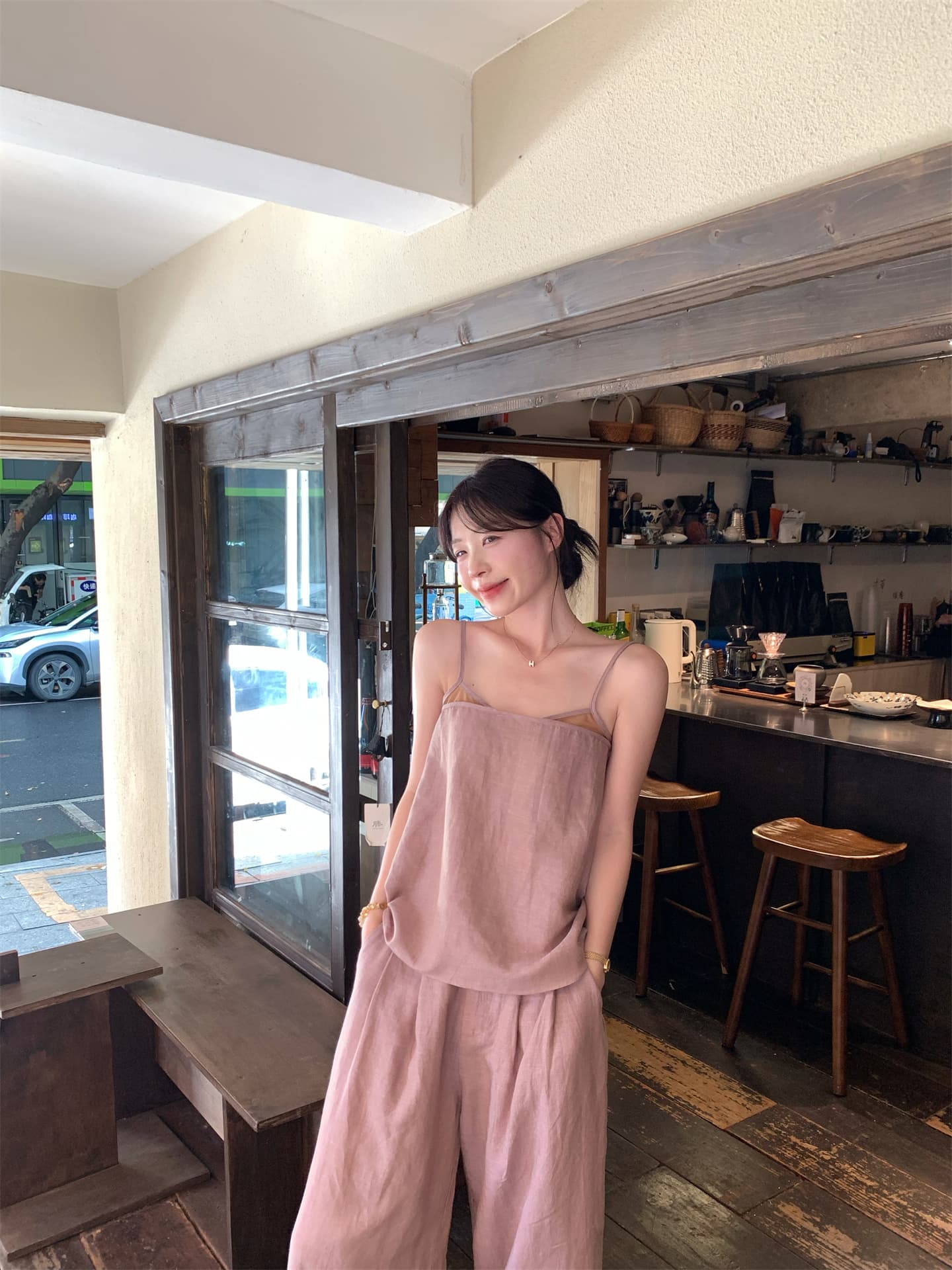실사 정가 프랑스식 여름 섹션 디자인 센스 페이크 레이어드 백리스 캐미솔 도루 센스 바닥 청소 긴 바지 세트 상세 이미지 6