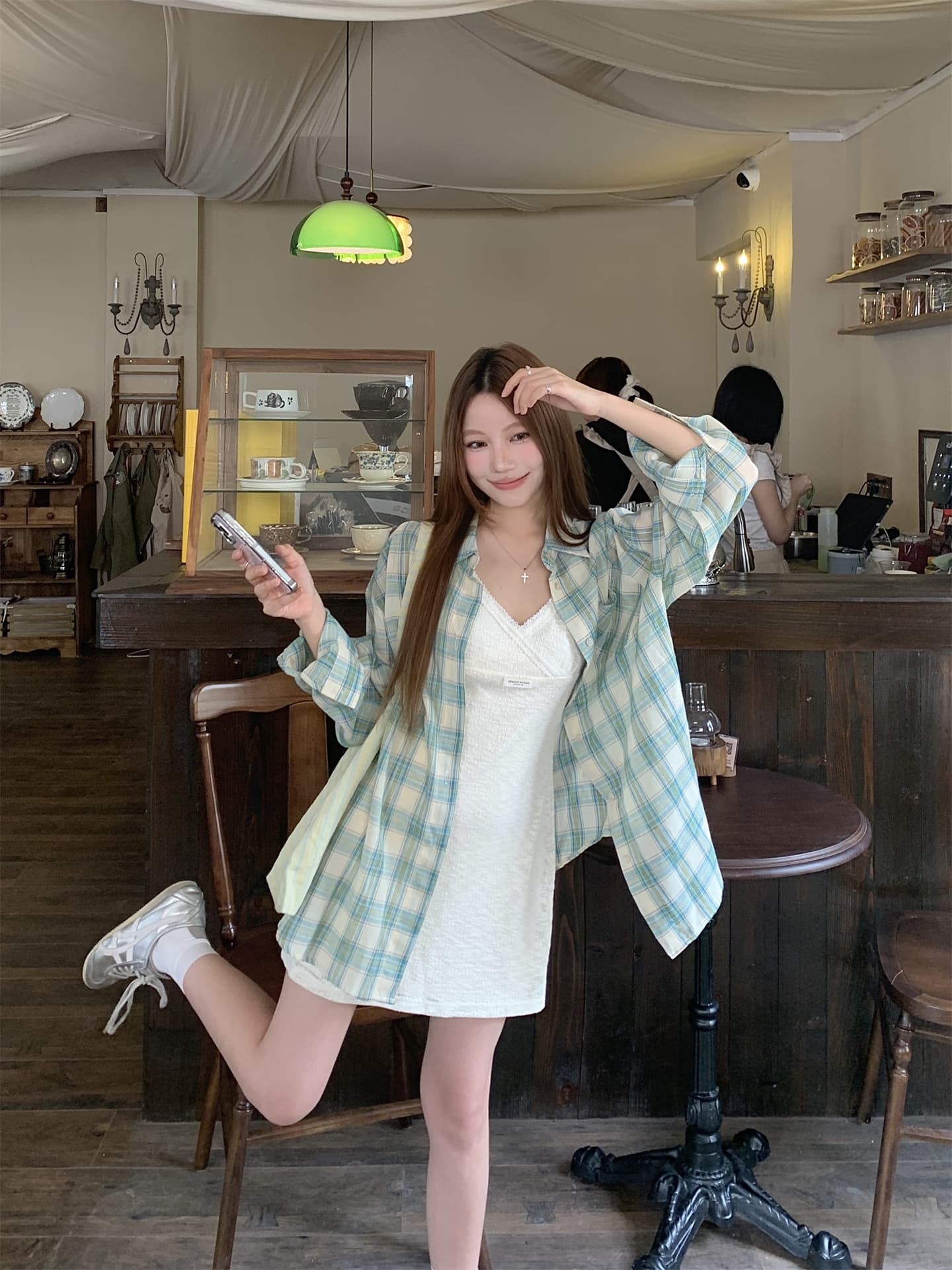 실사 정가 달콤함 느긋한 얇은 스타일 체크무늬 자외선 차단 셔츠 V넥 십자가 슬립 허리 수축 점프 슈트 치마 세트 상세 이미지 14