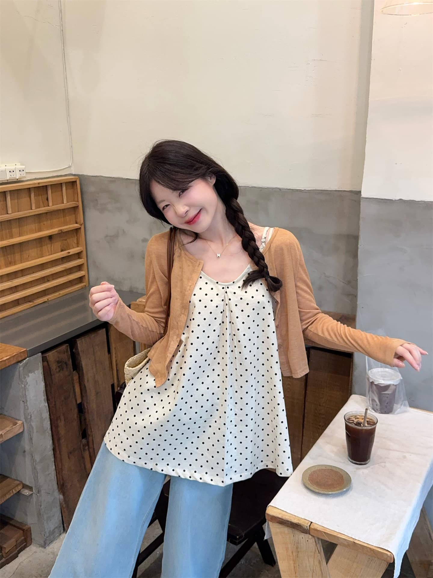 실사 정가 달콤함 연령 감소 얇은 스타일 자외선 차단 니트 오픈 가디건 도트 무늬 슬립 스택 착용 조끼 투피스 슈트 상세 이미지 10