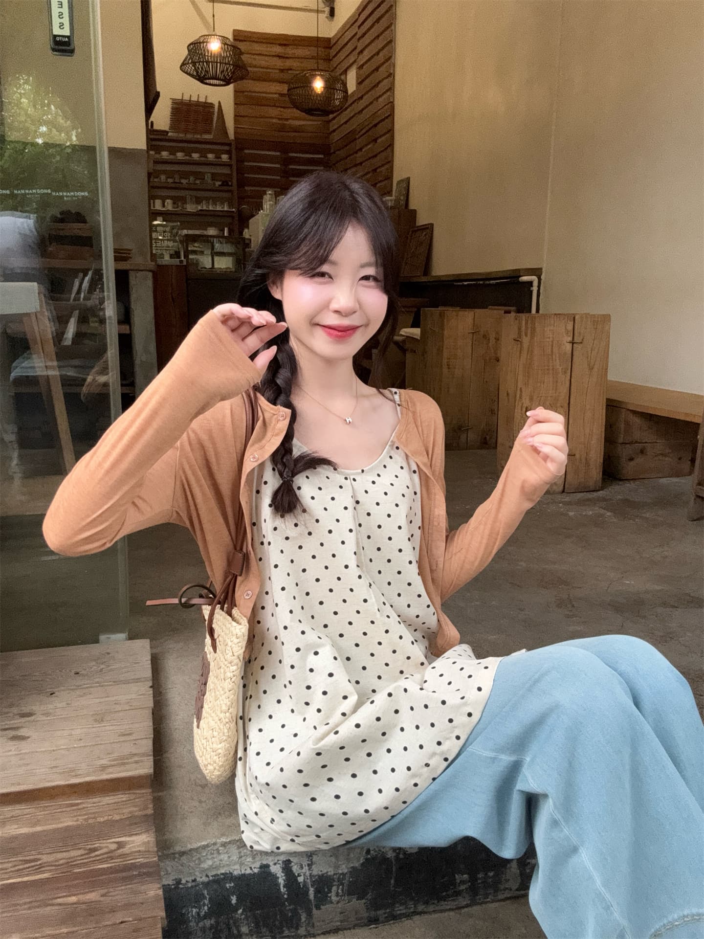 실사 정가 달콤함 연령 감소 얇은 스타일 자외선 차단 니트 오픈 가디건 도트 무늬 슬립 스택 착용 조끼 투피스 슈트 상세 이미지 14