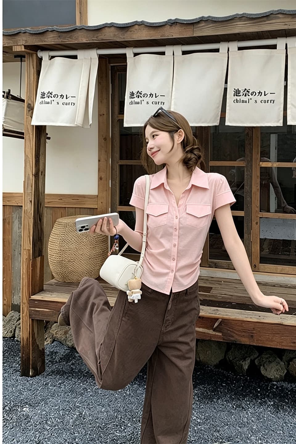 실사 정가 달콤함 핑크색 몸매 가꾸기 작은 키 반팔 셔츠 워시 물 루즈핏 와이드 레그 팬츠 이미지 5