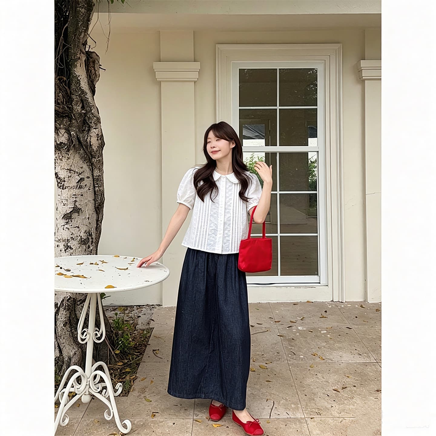 실사 정가 프랑스식 거품 소매 레이스 레이스 베이비 칼라 홀로우 아웃 자수 셔츠 한 마디 데님 반신 스커트 이미지 5
