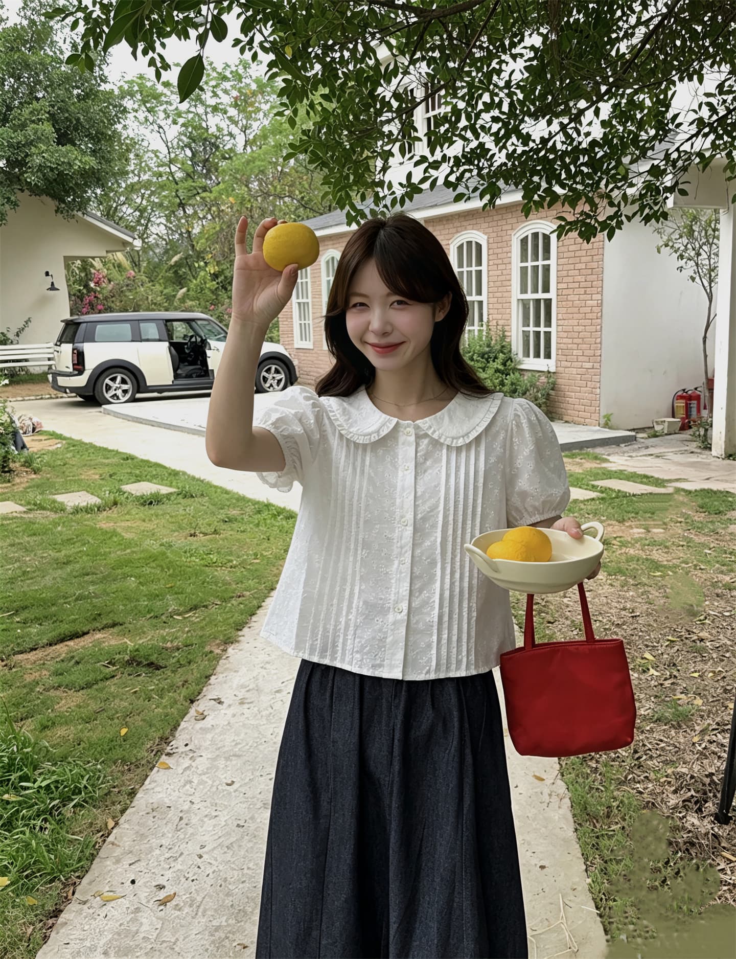 실사 정가 프랑스식 거품 소매 레이스 레이스 베이비 칼라 홀로우 아웃 자수 셔츠 한 마디 데님 반신 스커트 상세 이미지 4
