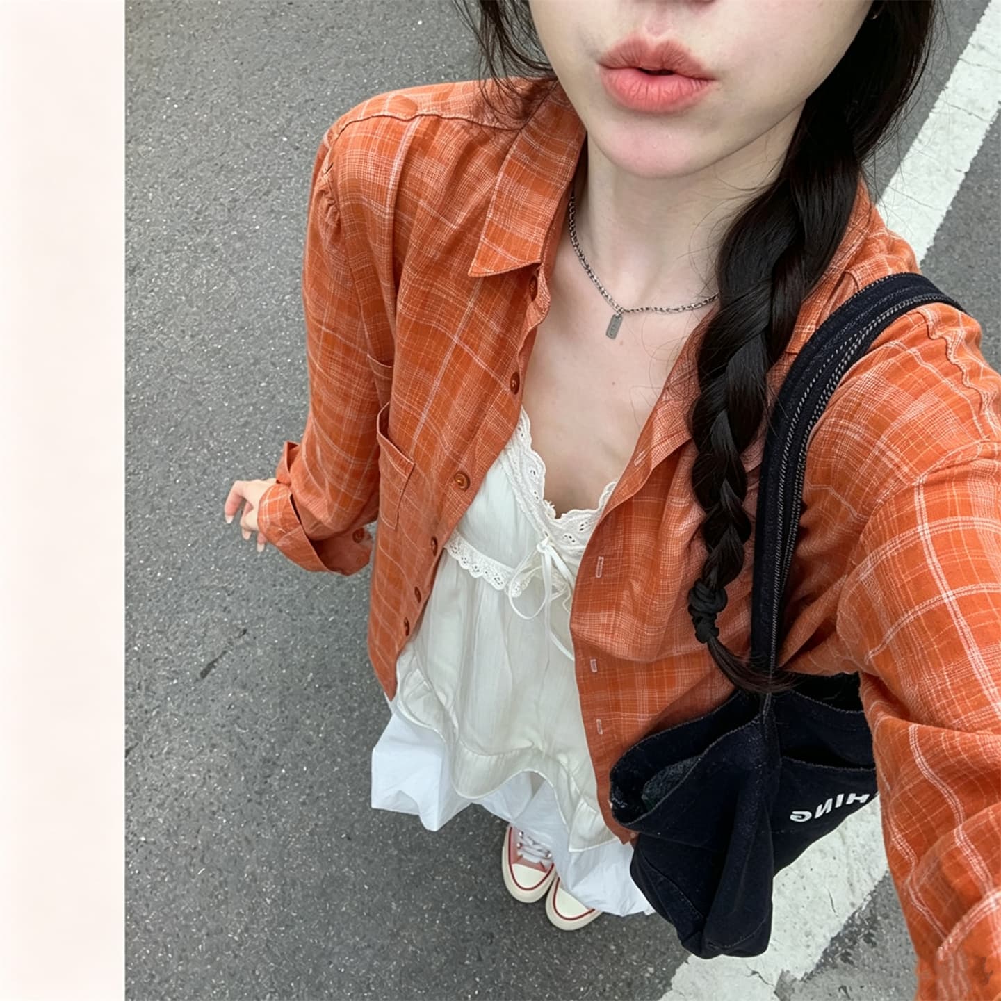 실사 정가 느긋한 루즈핏 스택 착용 주황색 색상 체크무늬 배색 얇은 스타일 통기성 자외선 차단 셔츠 이미지 4