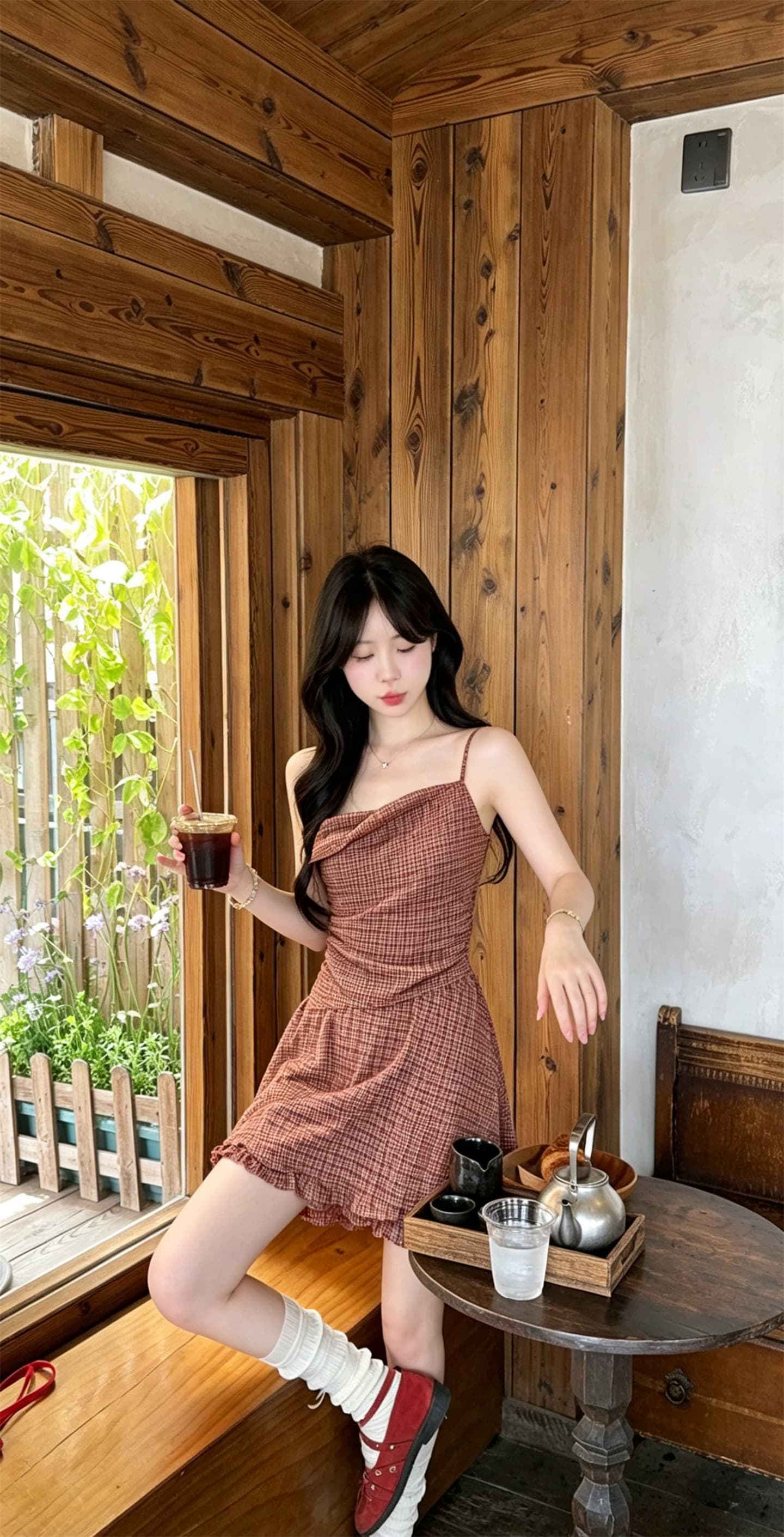 실사 정가 달콤함 레트로 흔들다 칼라 체크무늬 몸매 가꾸기 드레스 이미지 4